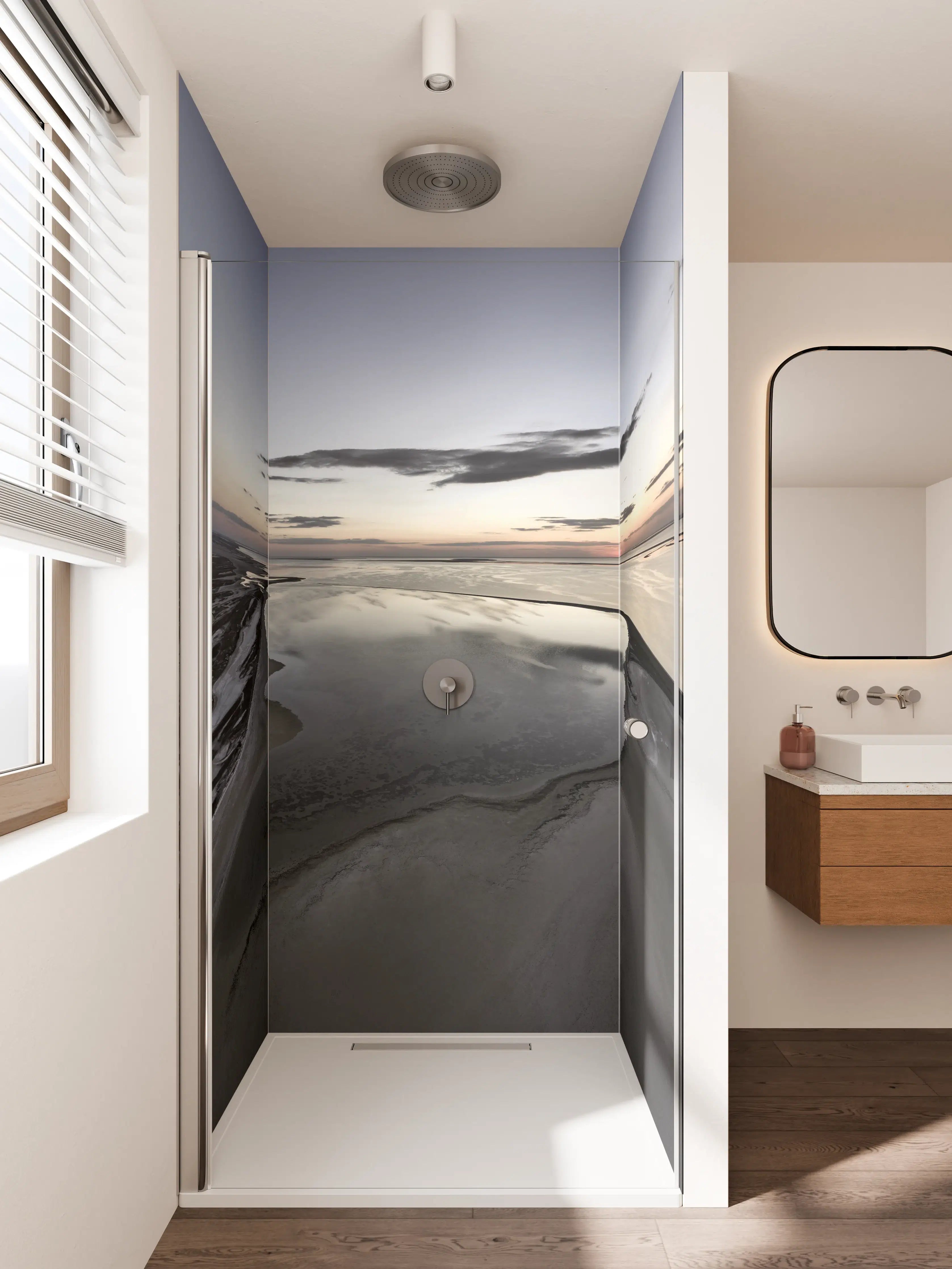 Duschrückwand - Dünen und Wasser im Sonnenuntergang