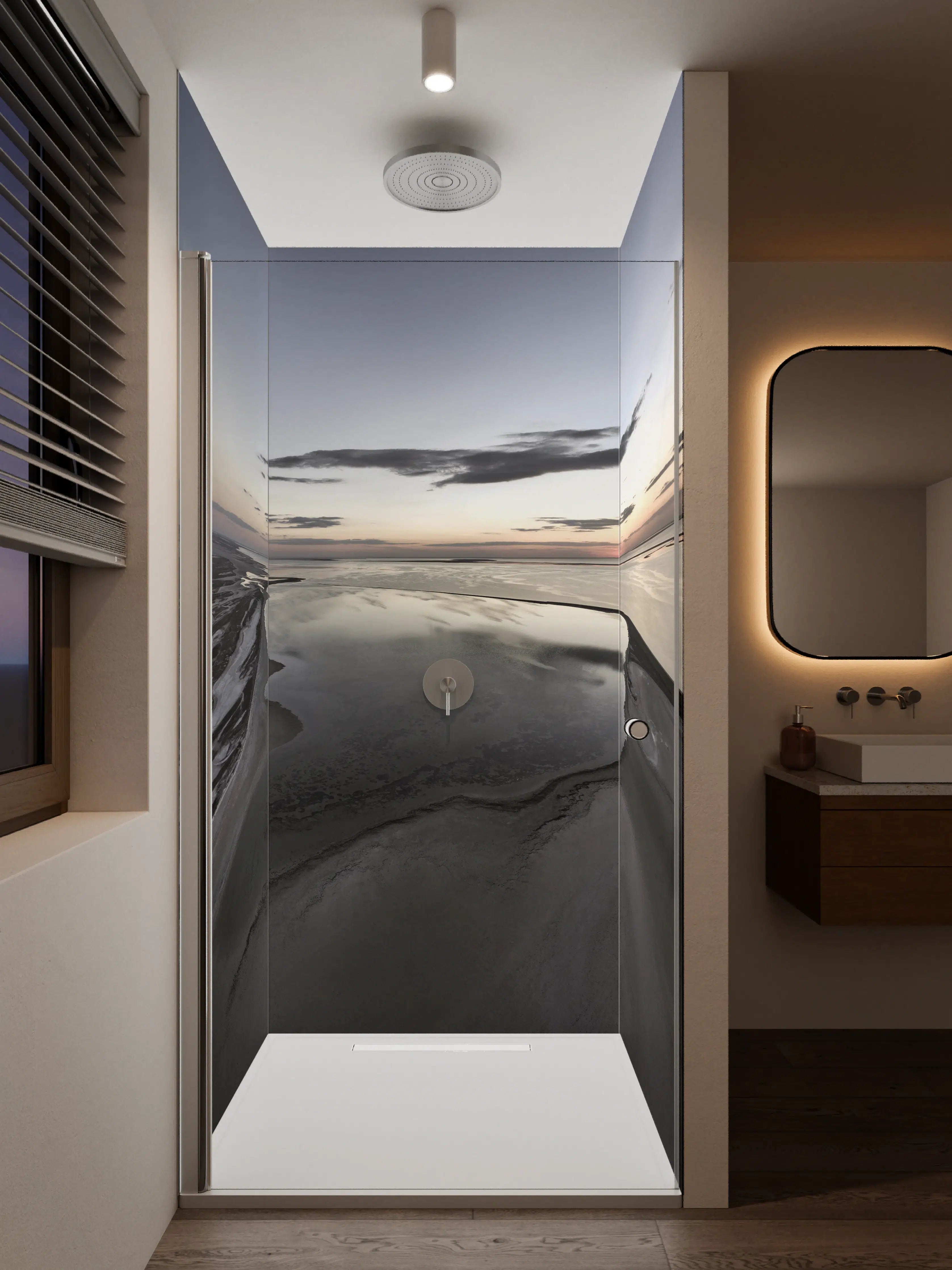 Duschrückwand - Dünen und Wasser im Sonnenuntergang