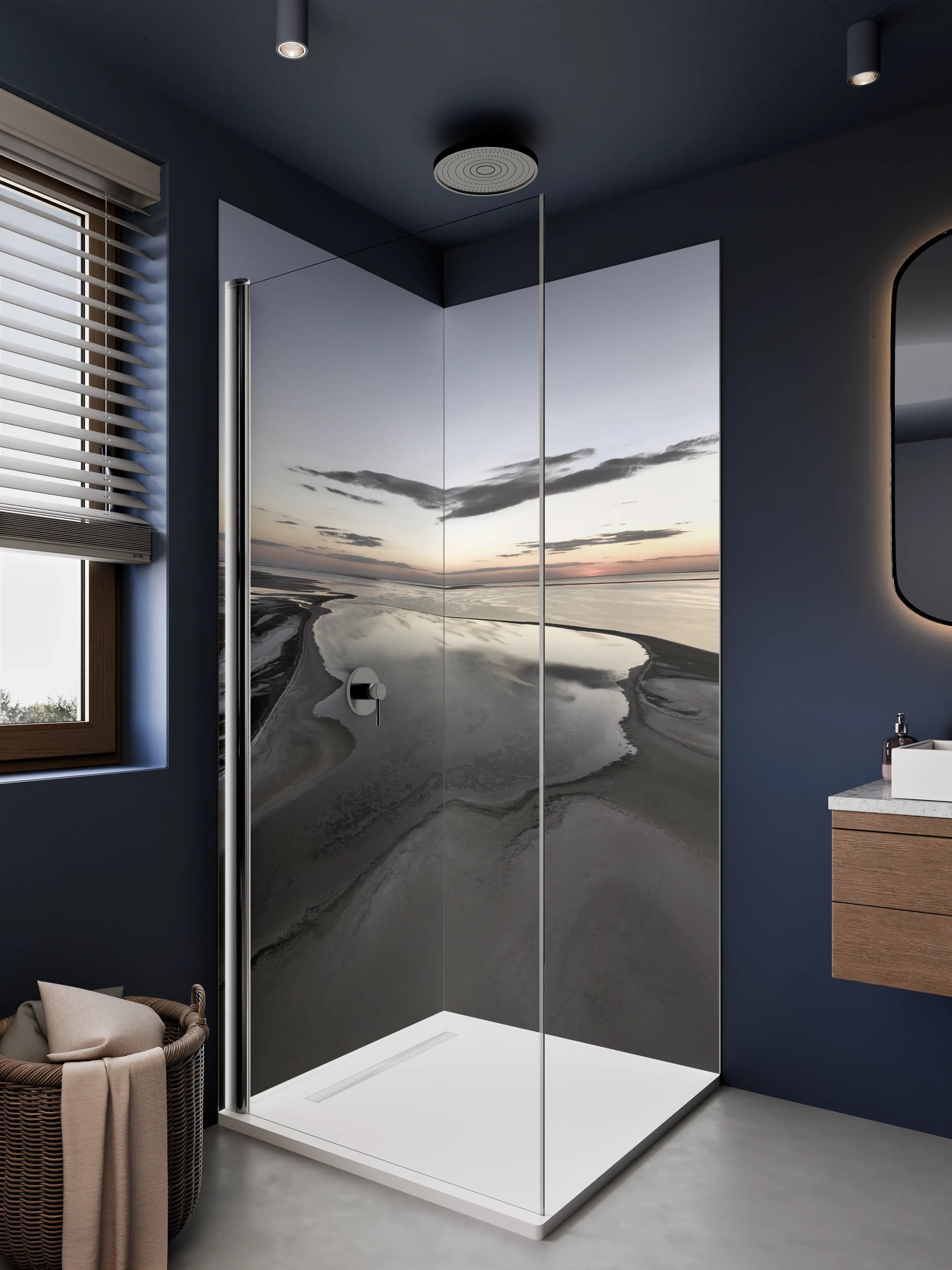 Duschrückwand - Dünen und Wasser im Sonnenuntergang