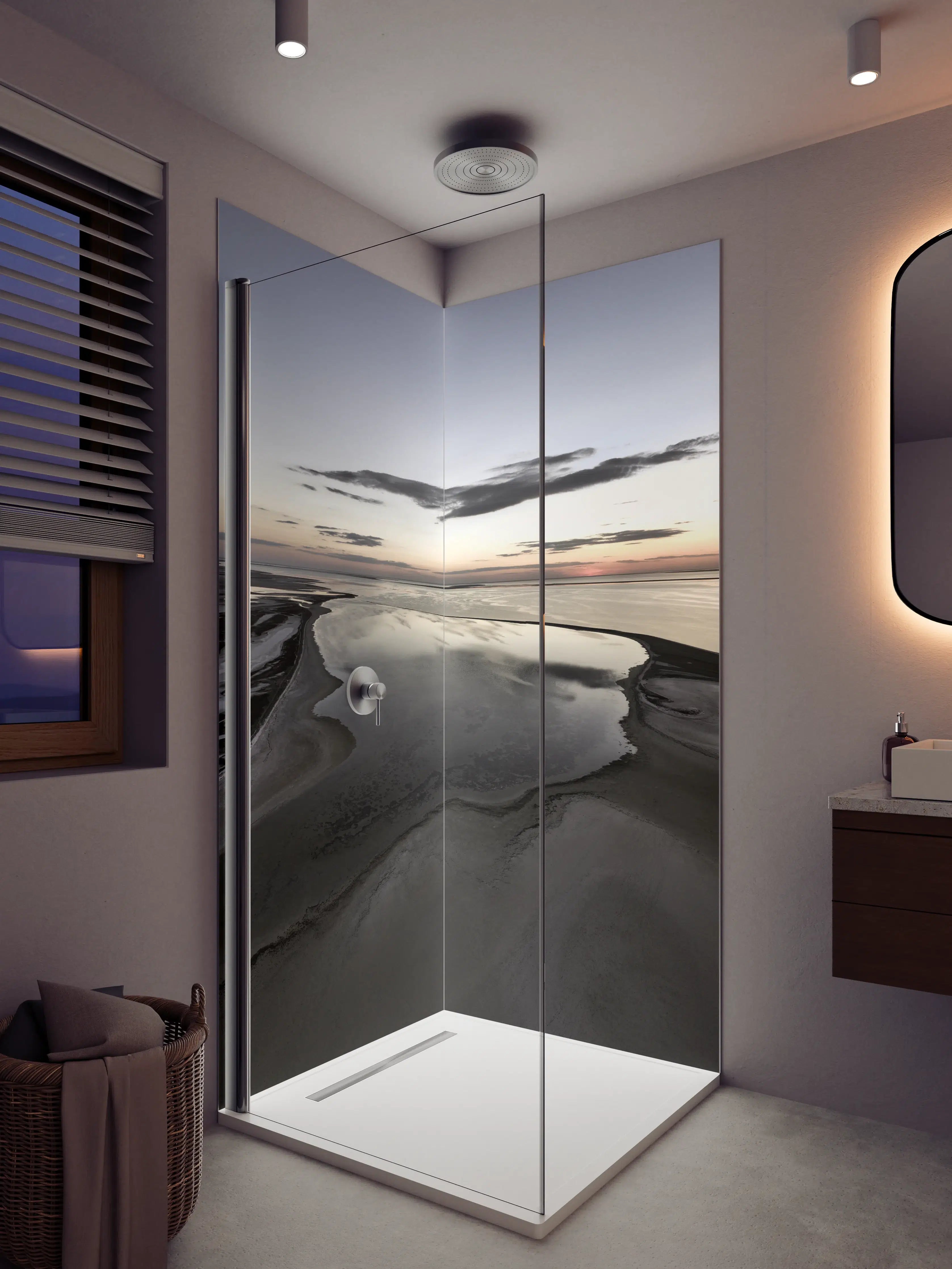 Duschrückwand - Dünen und Wasser im Sonnenuntergang