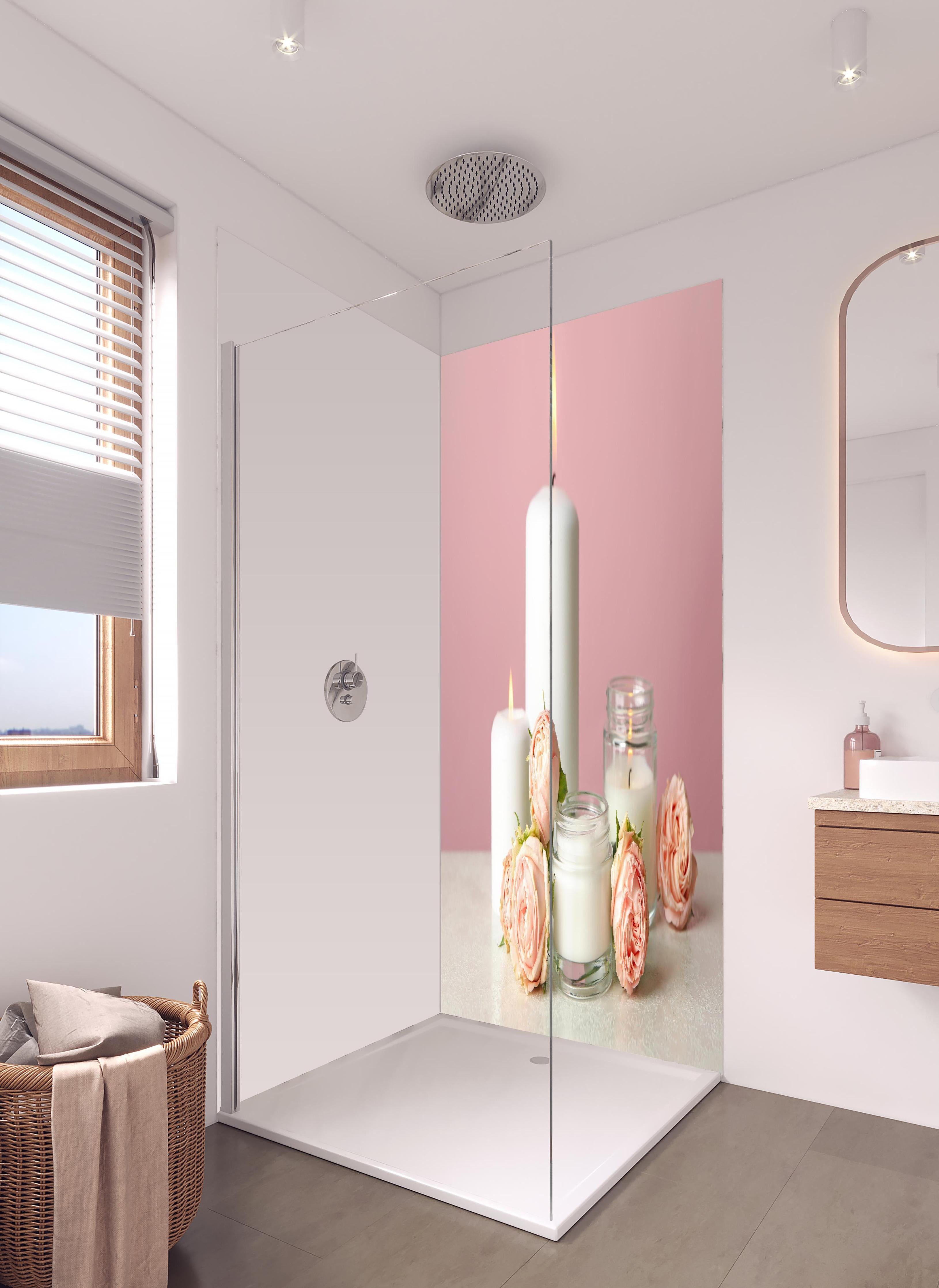 Duschrückwand - Duftkerzen und Rosen auf weißem Tisch in hellem Badezimmer mit Regenduschkopf - zweiteilige Eck-Duschrückwand