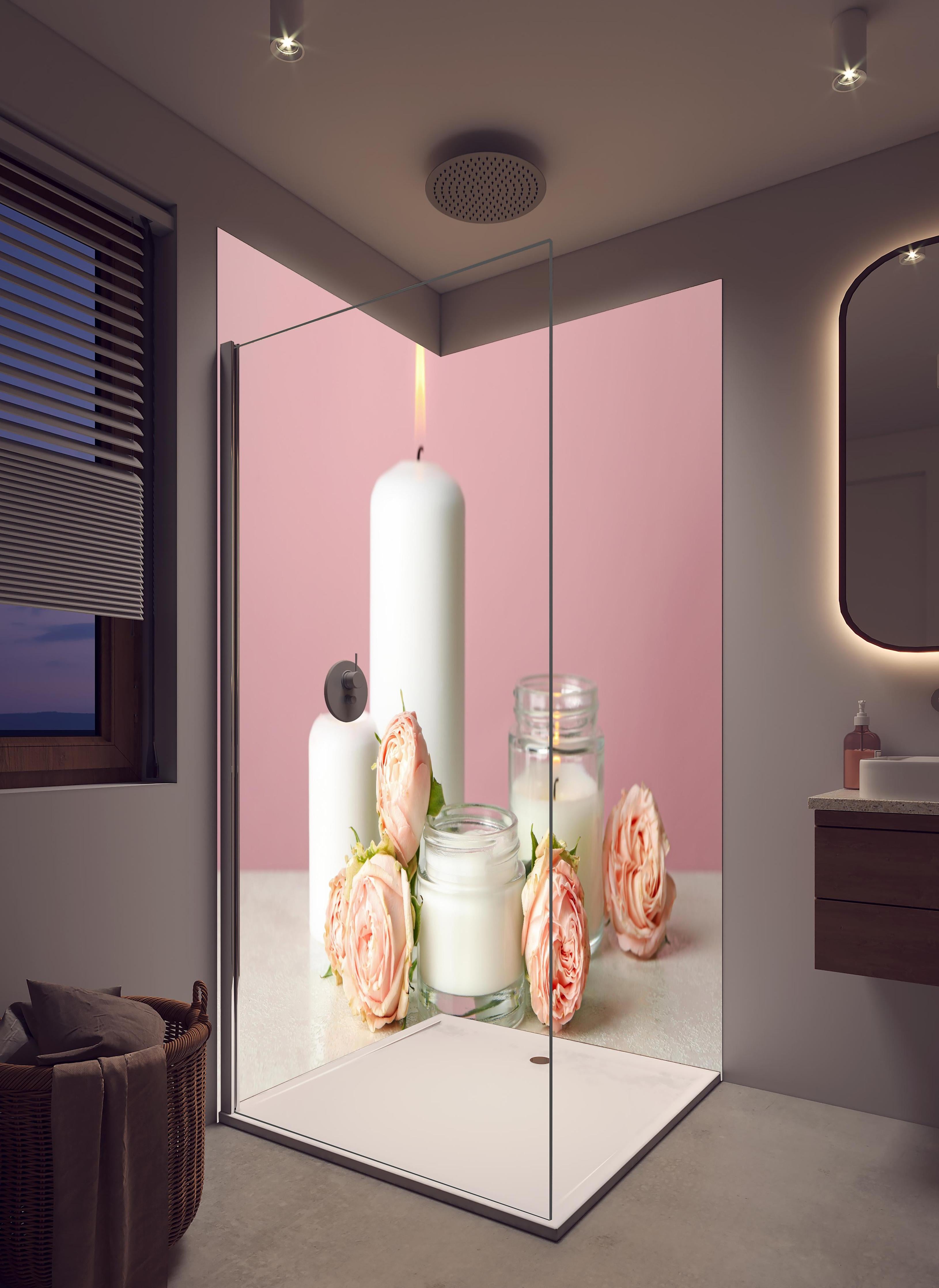 Duschrückwand - Duftkerzen und Rosen auf weißem Tisch in hellem Badezimmer mit Regenduschkopf - zweiteilige Eck-Duschrückwand