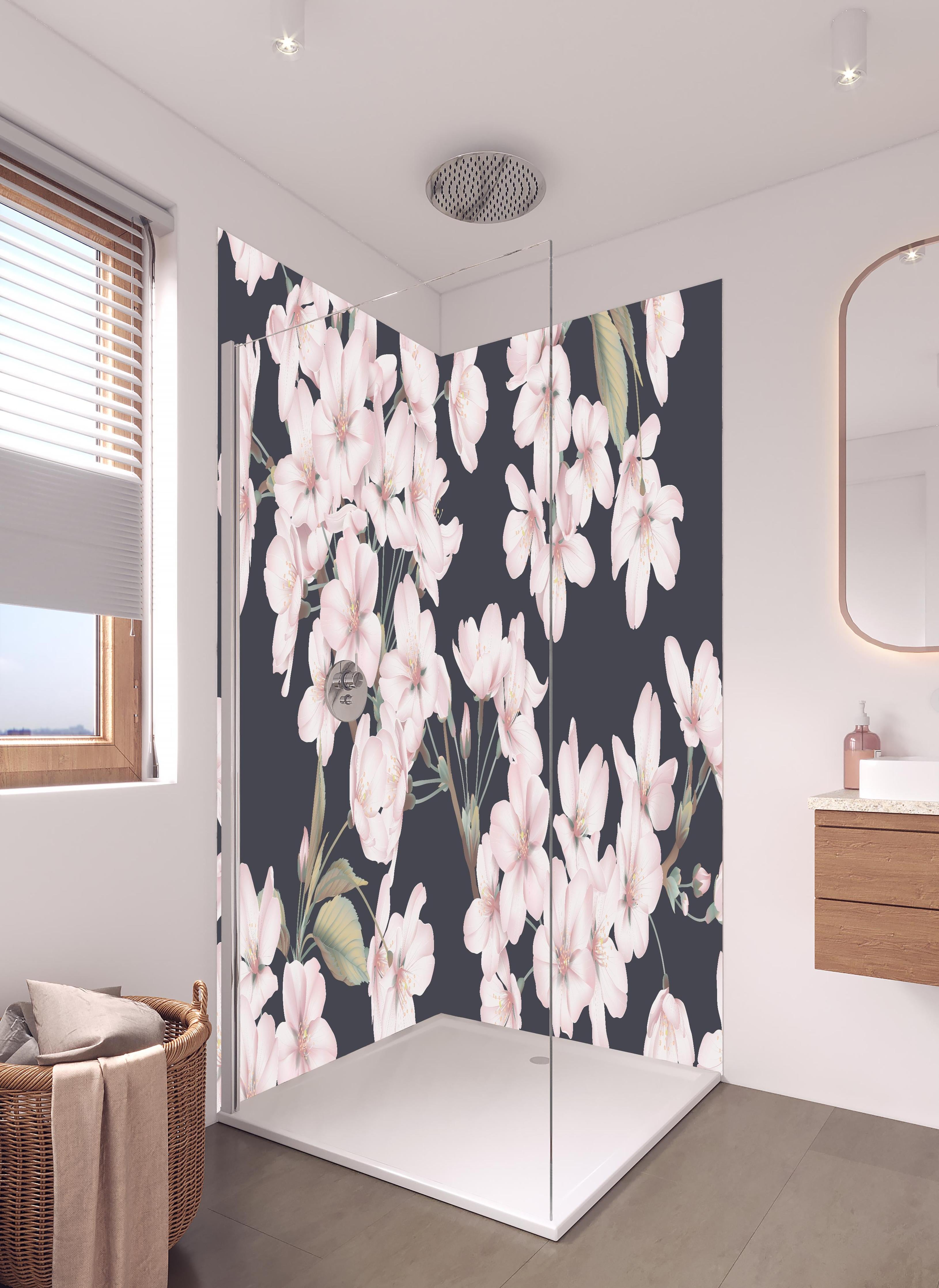 Duschrückwand - Dunkelgraues Sakura Blumen Nahtloses Muster in hellem Badezimmer mit Regenduschkopf - zweiteilige Eck-Duschrückwand