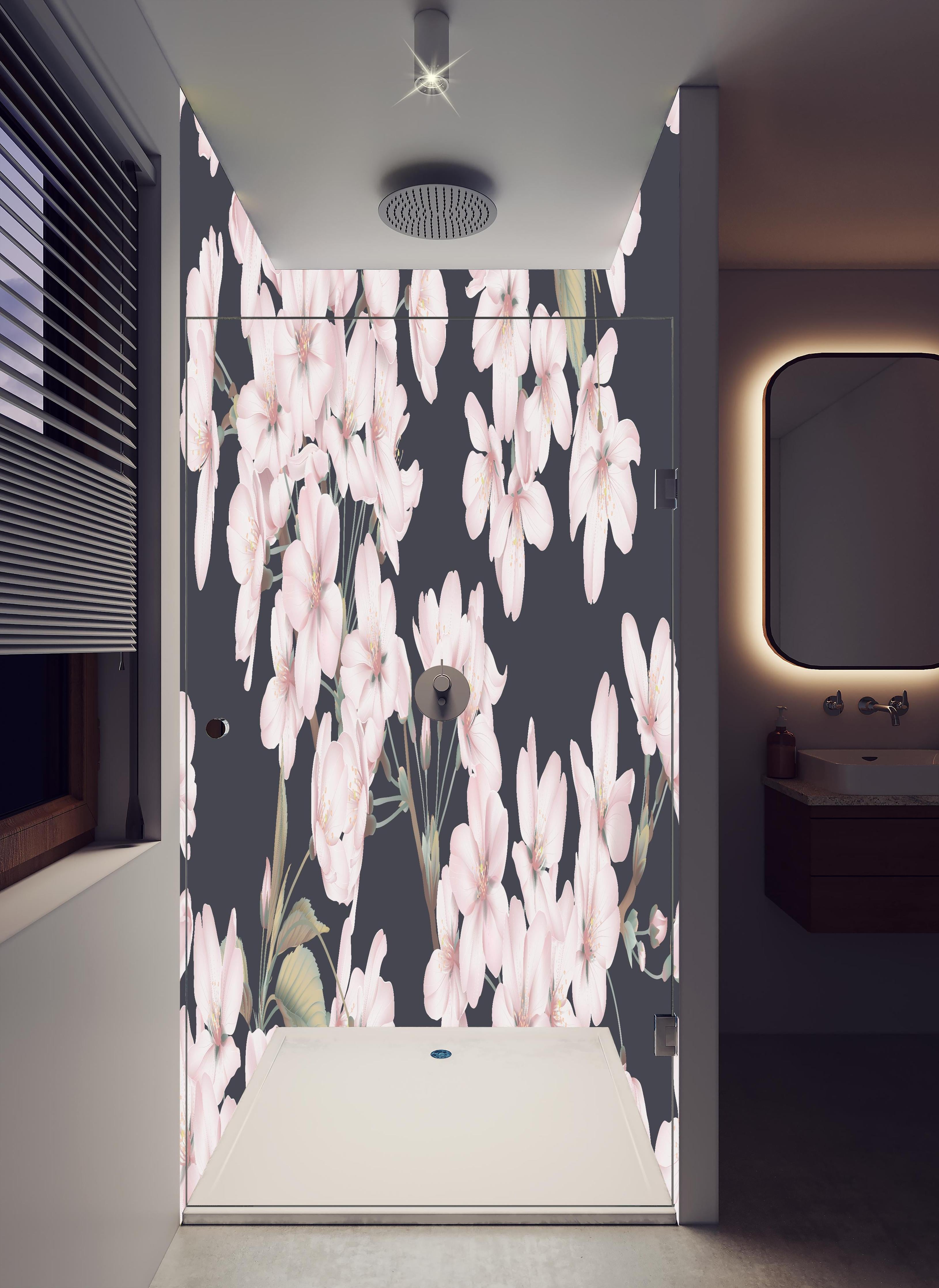 Duschrückwand - Dunkelgraues Sakura Blumen Nahtloses Muster in hellem Badezimmer mit Regenduschkopf - zweiteilige Eck-Duschrückwand