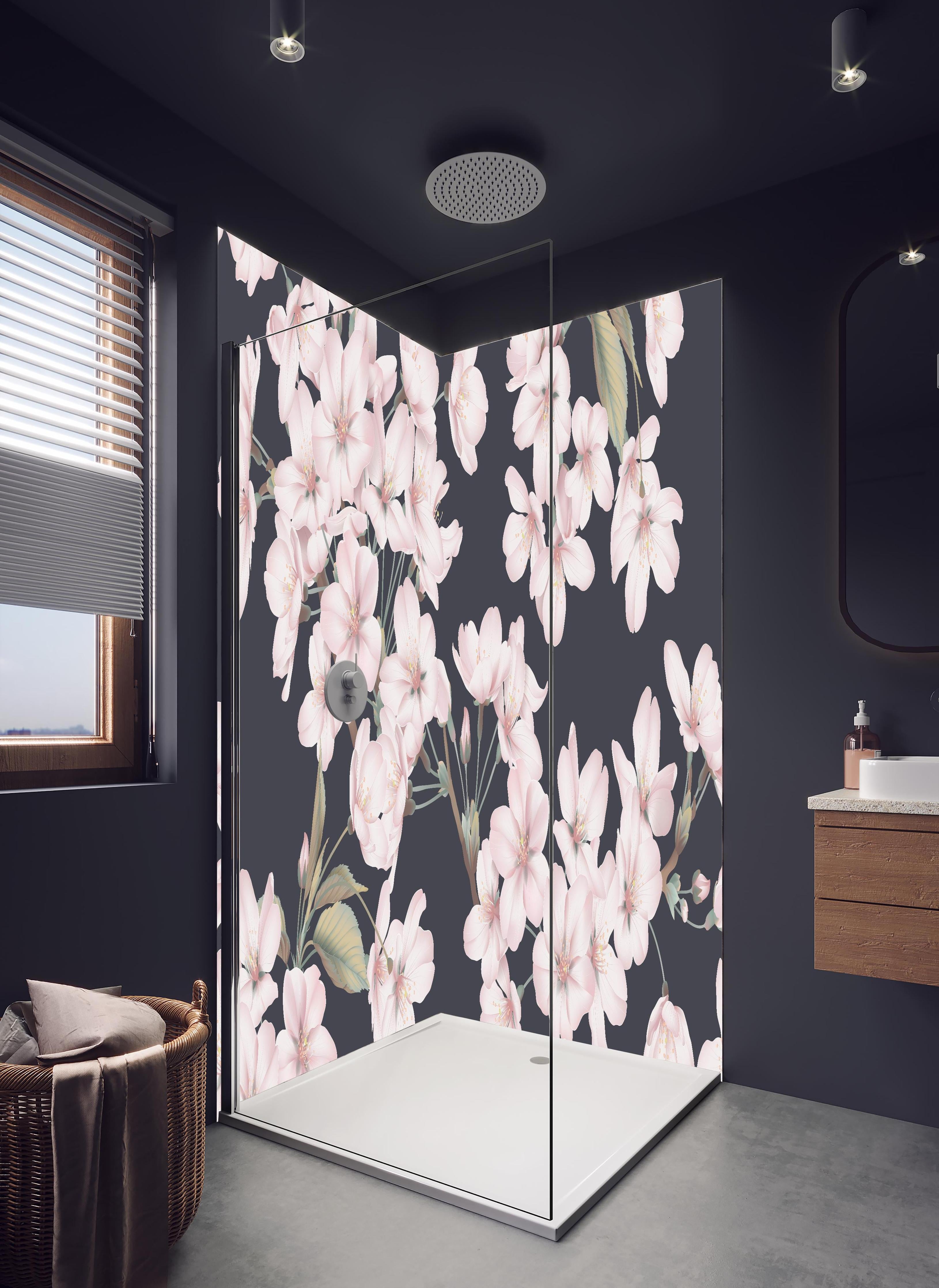 Duschrückwand - Dunkelgraues Sakura Blumen Nahtloses Muster in hellem Badezimmer mit Regenduschkopf - zweiteilige Eck-Duschrückwand