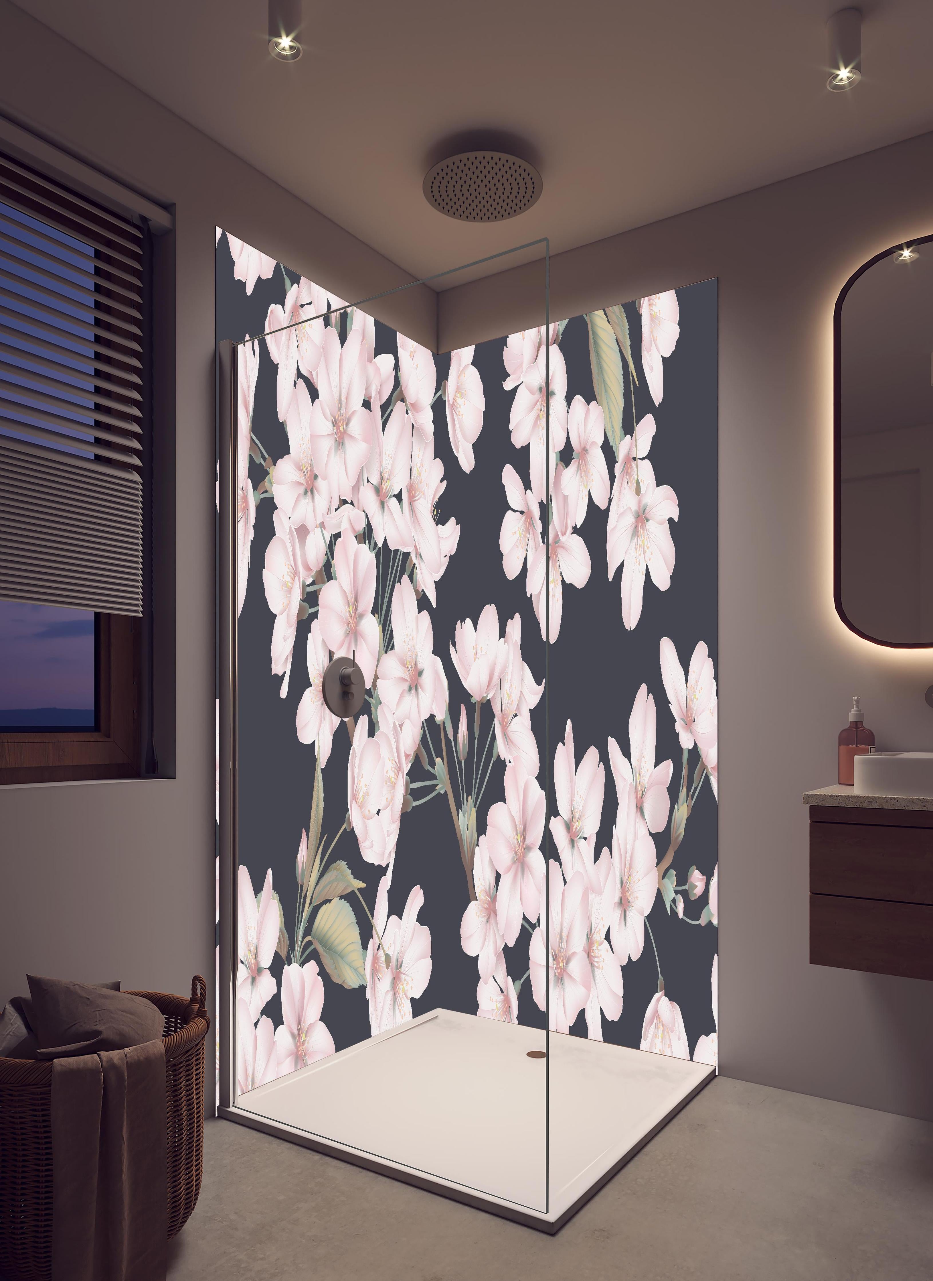 Duschrückwand - Dunkelgraues Sakura Blumen Nahtloses Muster in hellem Badezimmer mit Regenduschkopf - zweiteilige Eck-Duschrückwand