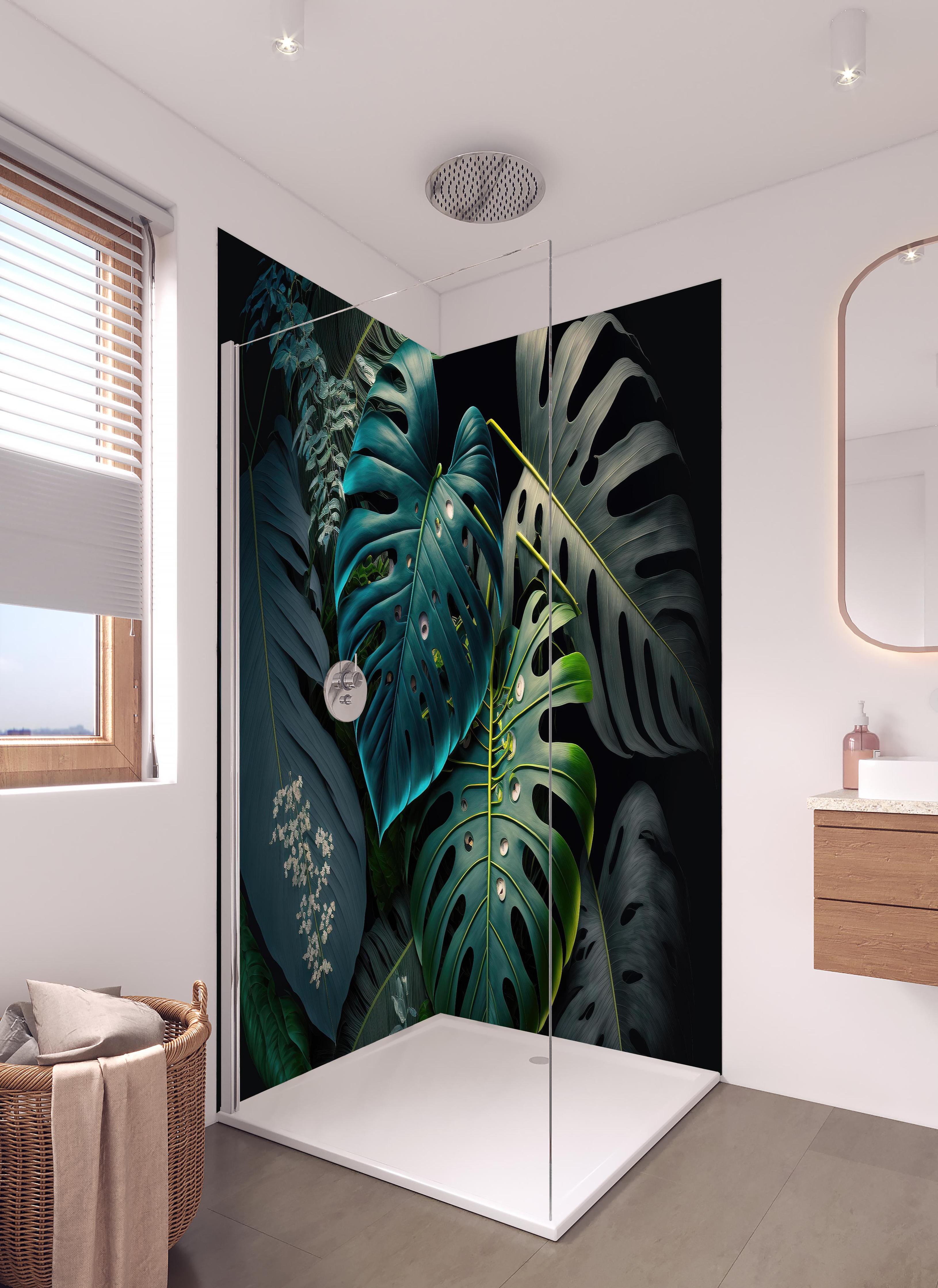 Duschrückwand - Dunkelgrüne tropische Blätter auf schwarzem Hintergrund in hellem Badezimmer mit Regenduschkopf - zweiteilige Eck-Duschrückwand