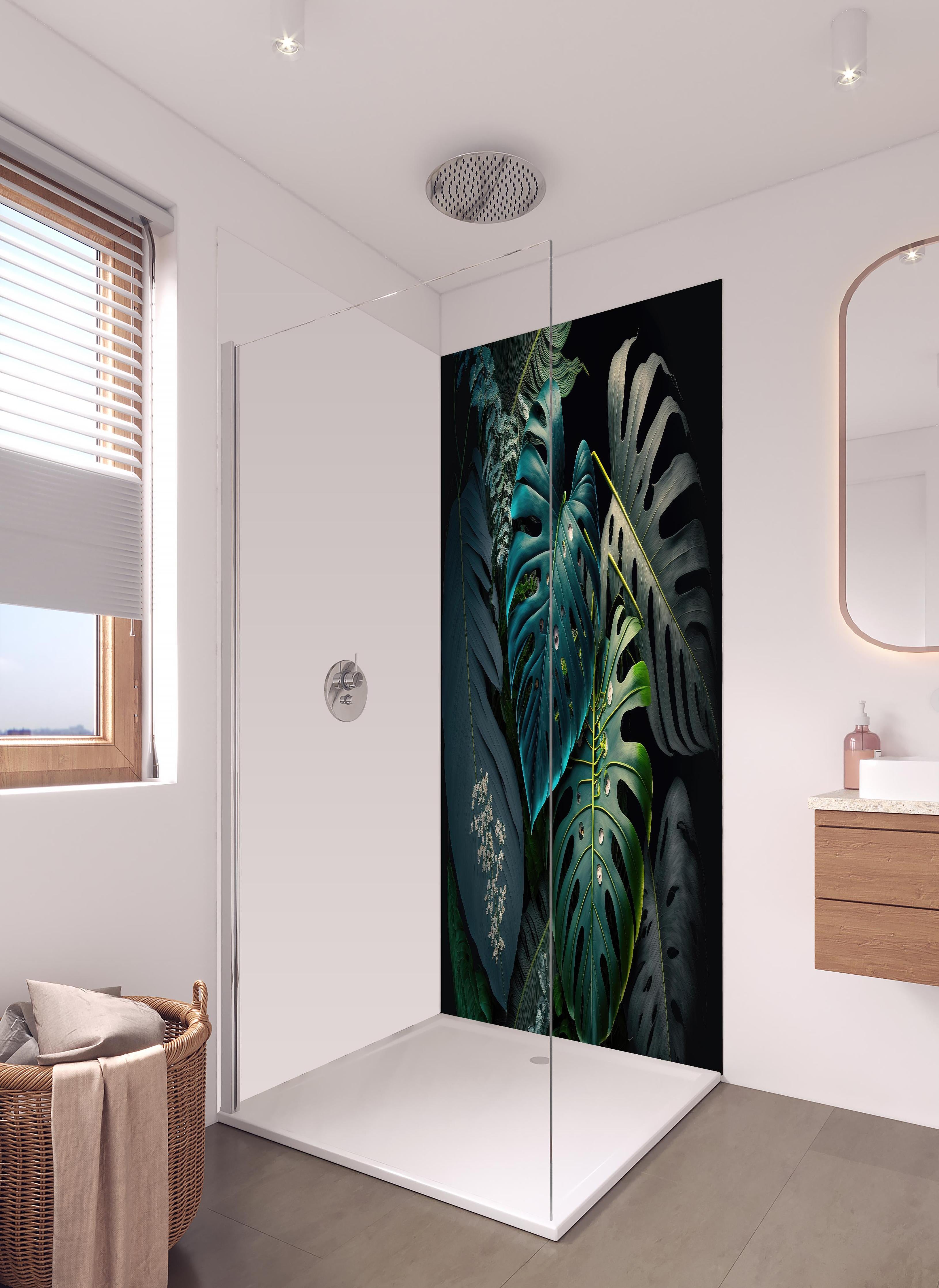 Duschrückwand - Dunkelgrüne tropische Blätter auf schwarzem Hintergrund in hellem Badezimmer mit Regenduschkopf - zweiteilige Eck-Duschrückwand