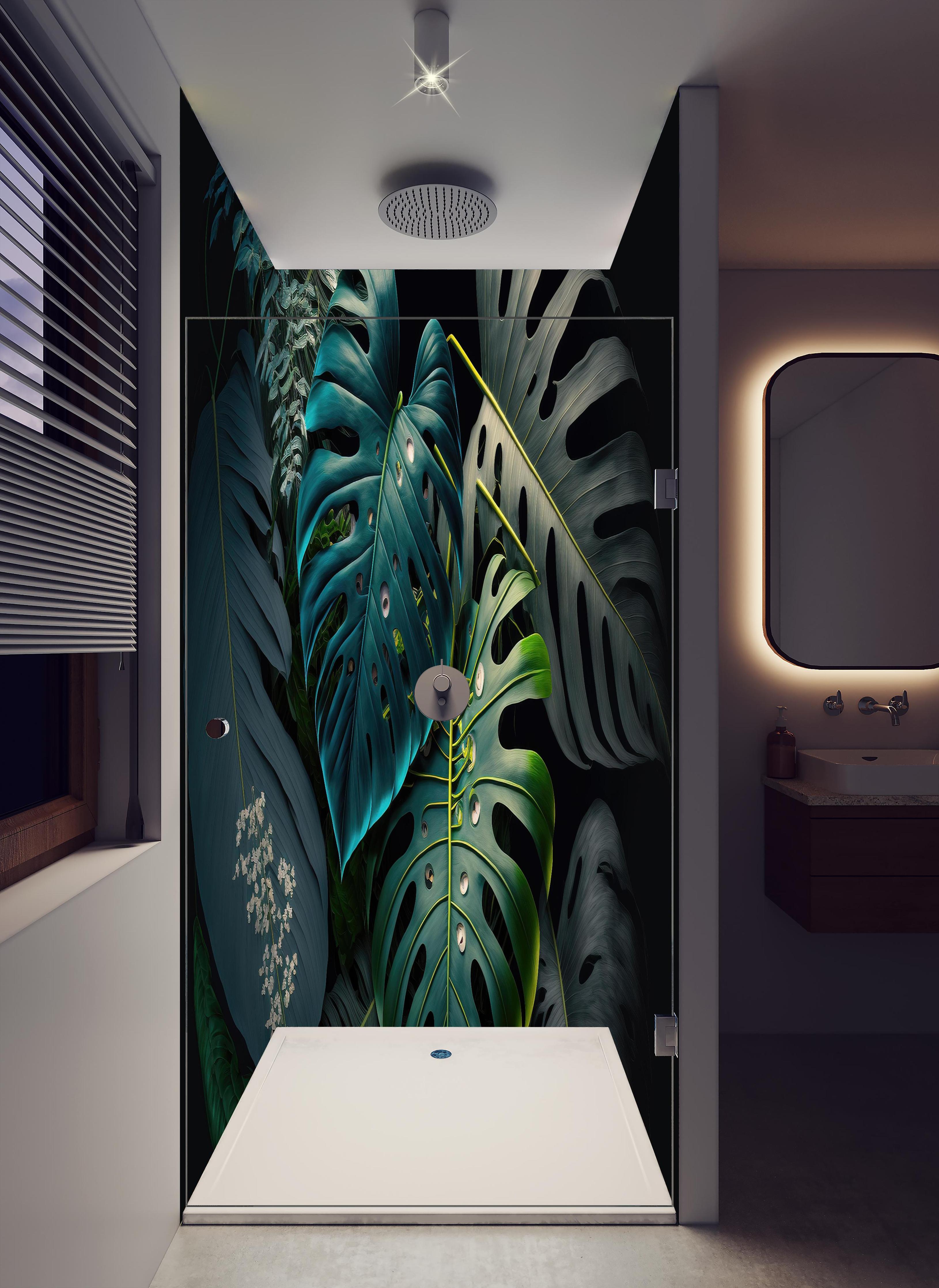 Duschrückwand - Dunkelgrüne tropische Blätter auf schwarzem Hintergrund in hellem Badezimmer mit Regenduschkopf - zweiteilige Eck-Duschrückwand