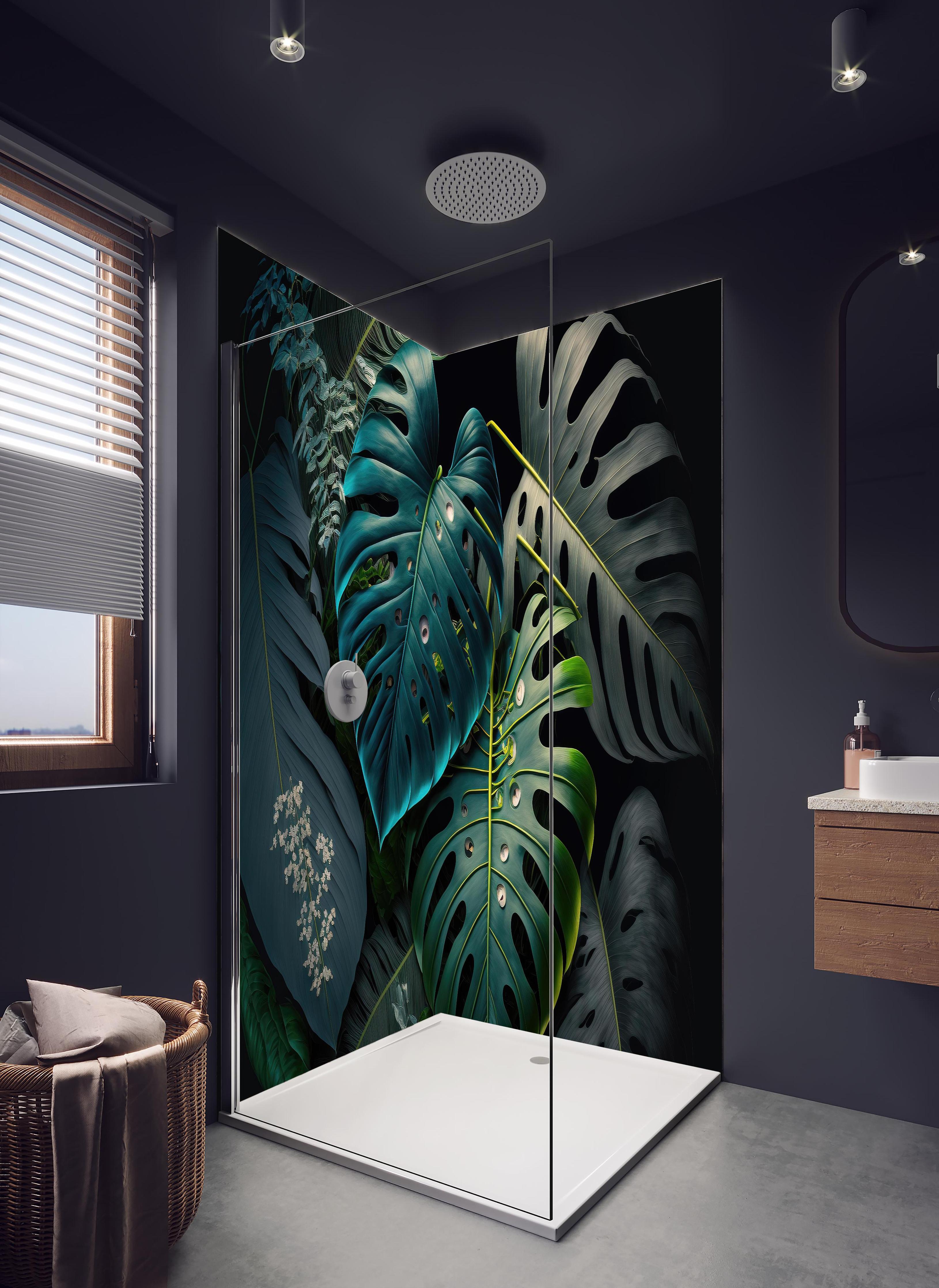 Duschrückwand - Dunkelgrüne tropische Blätter auf schwarzem Hintergrund in hellem Badezimmer mit Regenduschkopf - zweiteilige Eck-Duschrückwand