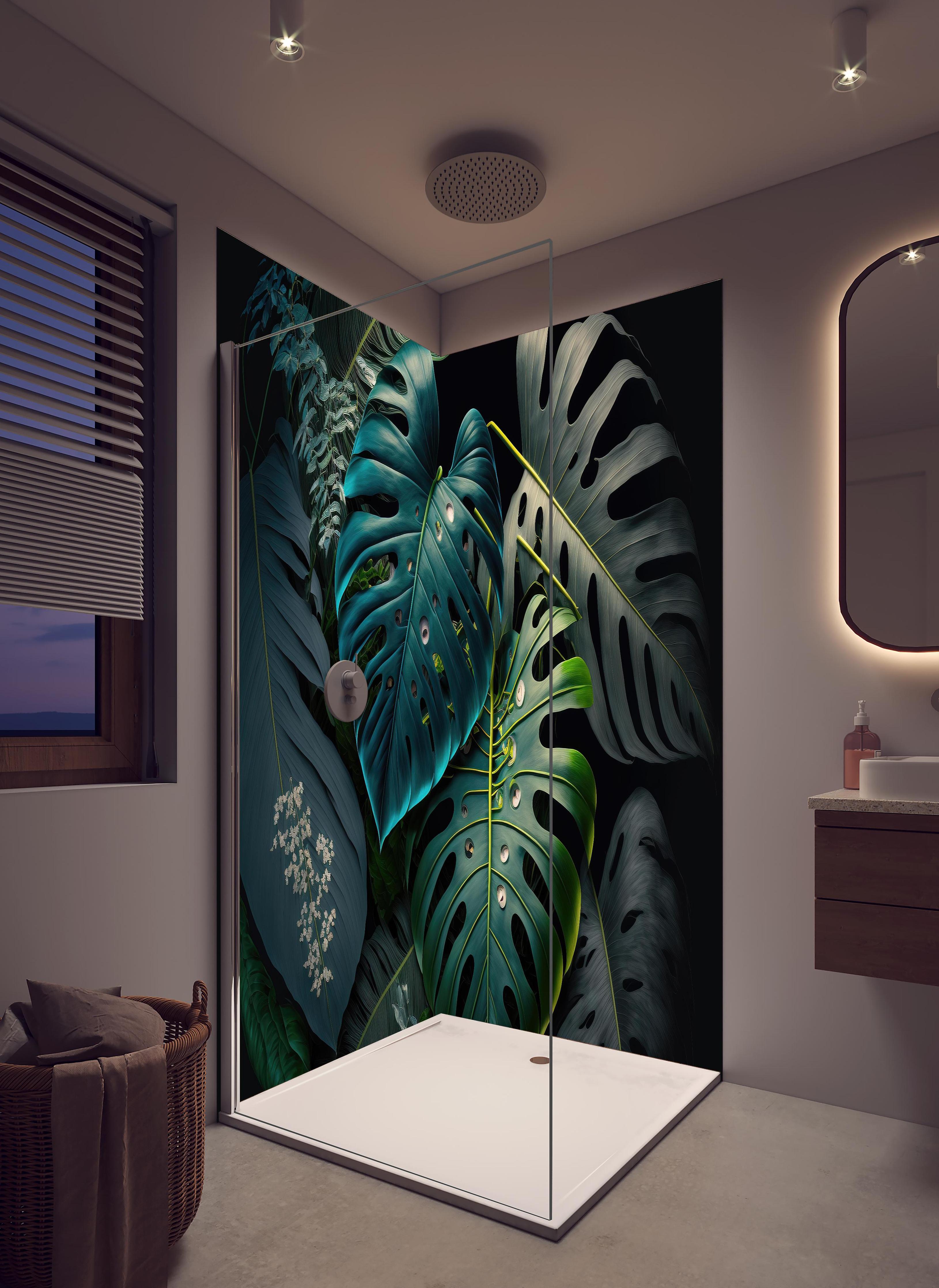 Duschrückwand - Dunkelgrüne tropische Blätter auf schwarzem Hintergrund in hellem Badezimmer mit Regenduschkopf - zweiteilige Eck-Duschrückwand
