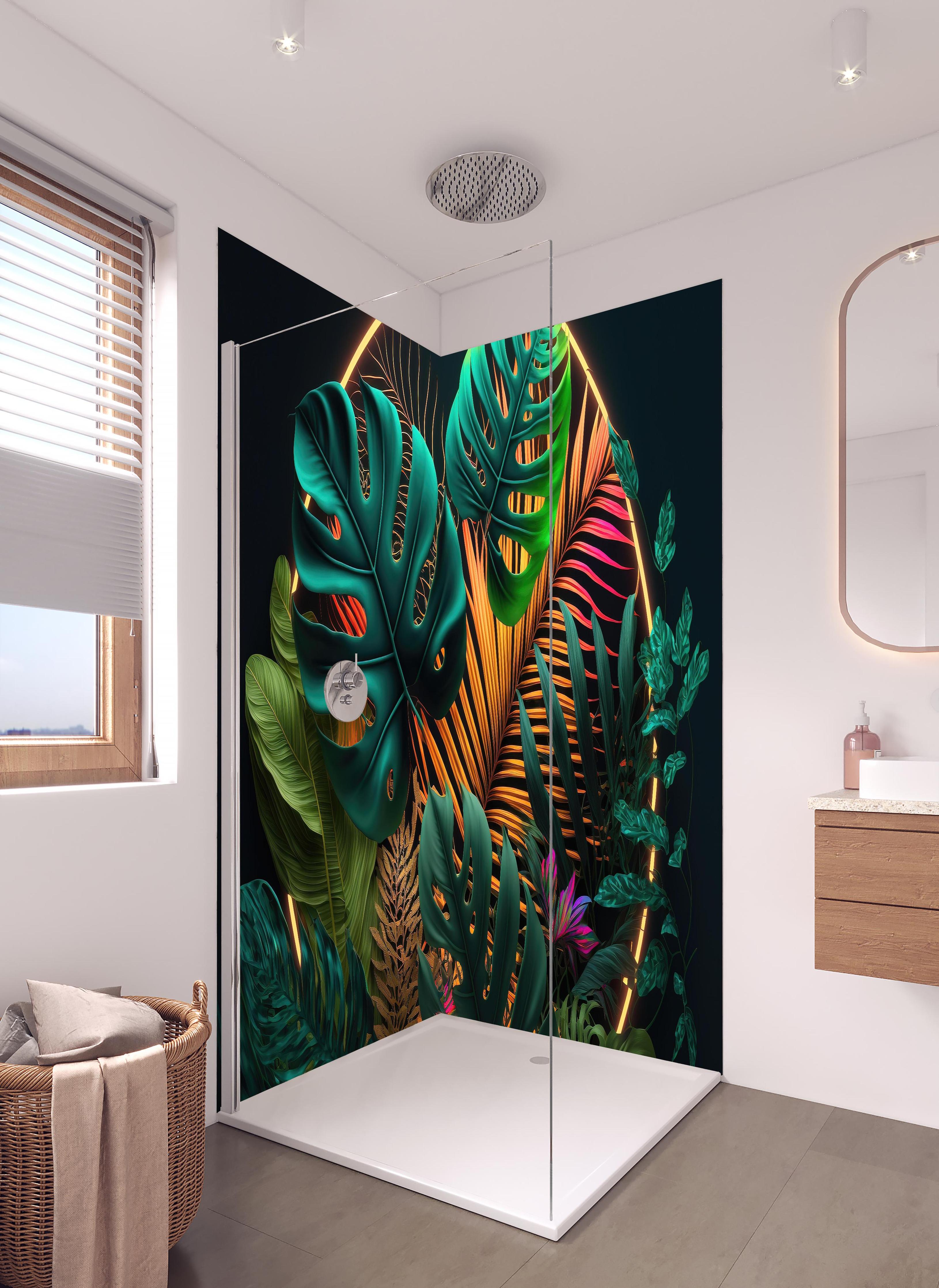Duschrückwand - Dunkelgrüne tropische Blätter buntes Neonlicht in hellem Badezimmer mit Regenduschkopf - zweiteilige Eck-Duschrückwand