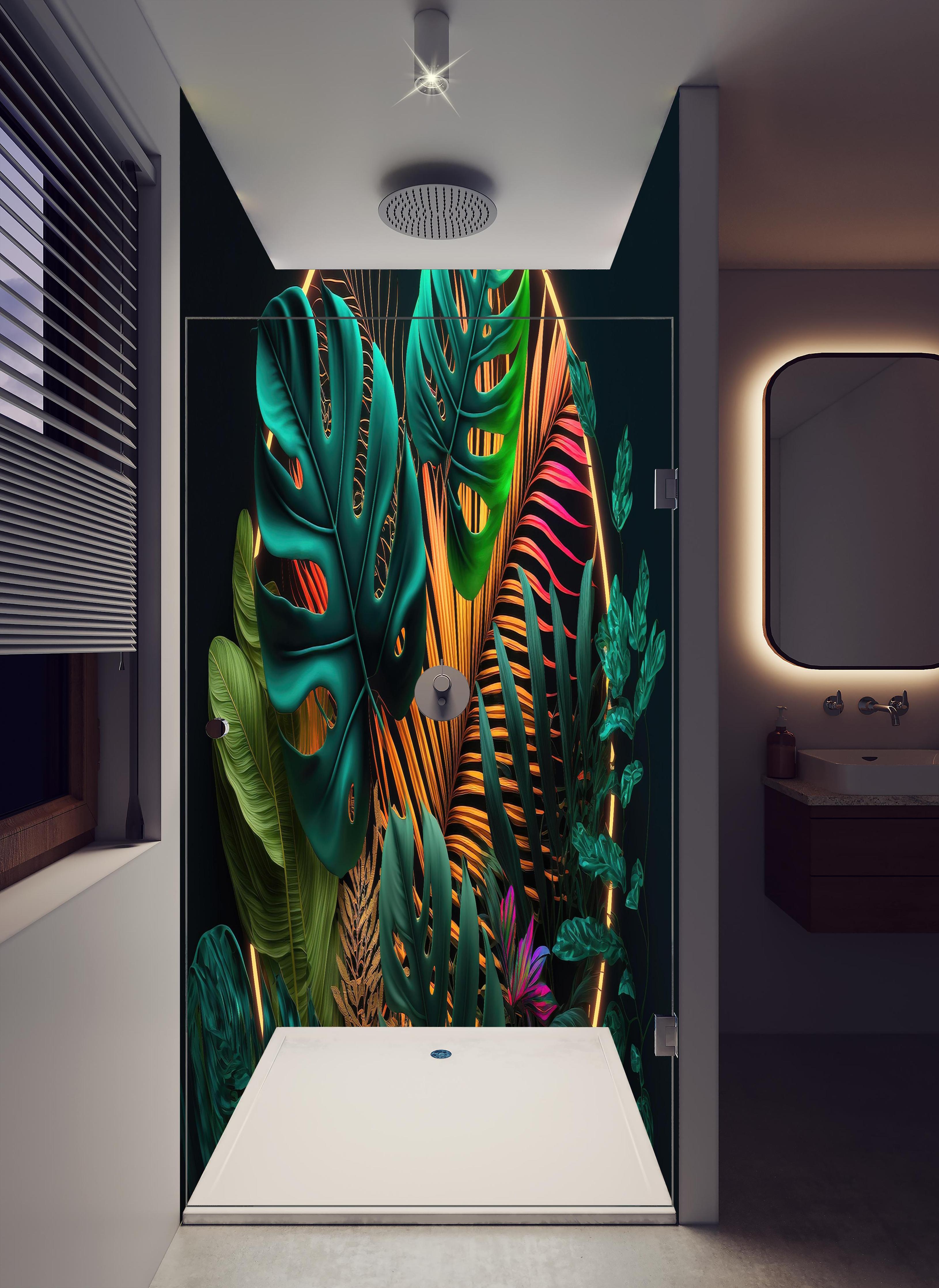 Duschrückwand - Dunkelgrüne tropische Blätter buntes Neonlicht in hellem Badezimmer mit Regenduschkopf - zweiteilige Eck-Duschrückwand