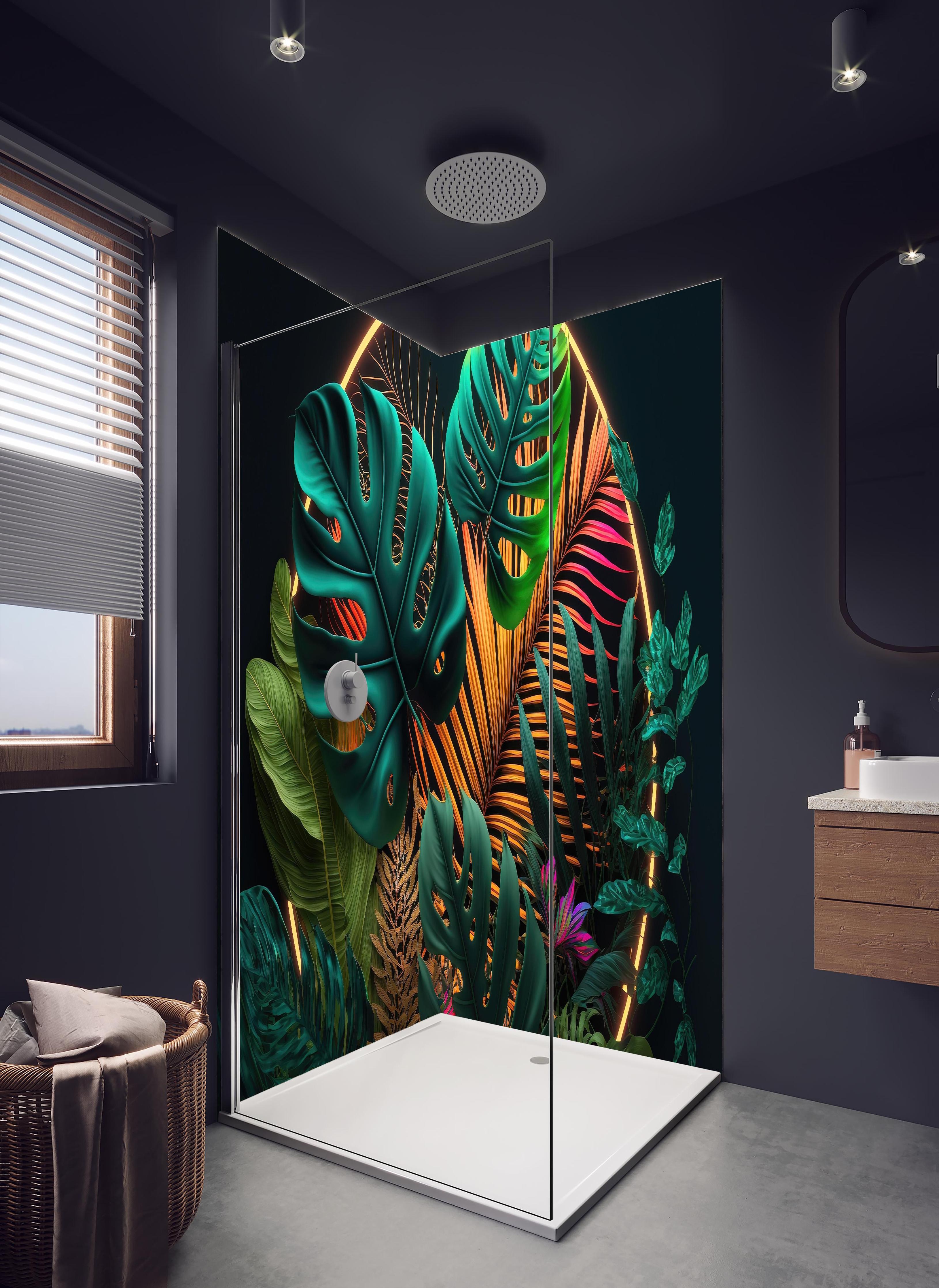 Duschrückwand - Dunkelgrüne tropische Blätter buntes Neonlicht in hellem Badezimmer mit Regenduschkopf - zweiteilige Eck-Duschrückwand