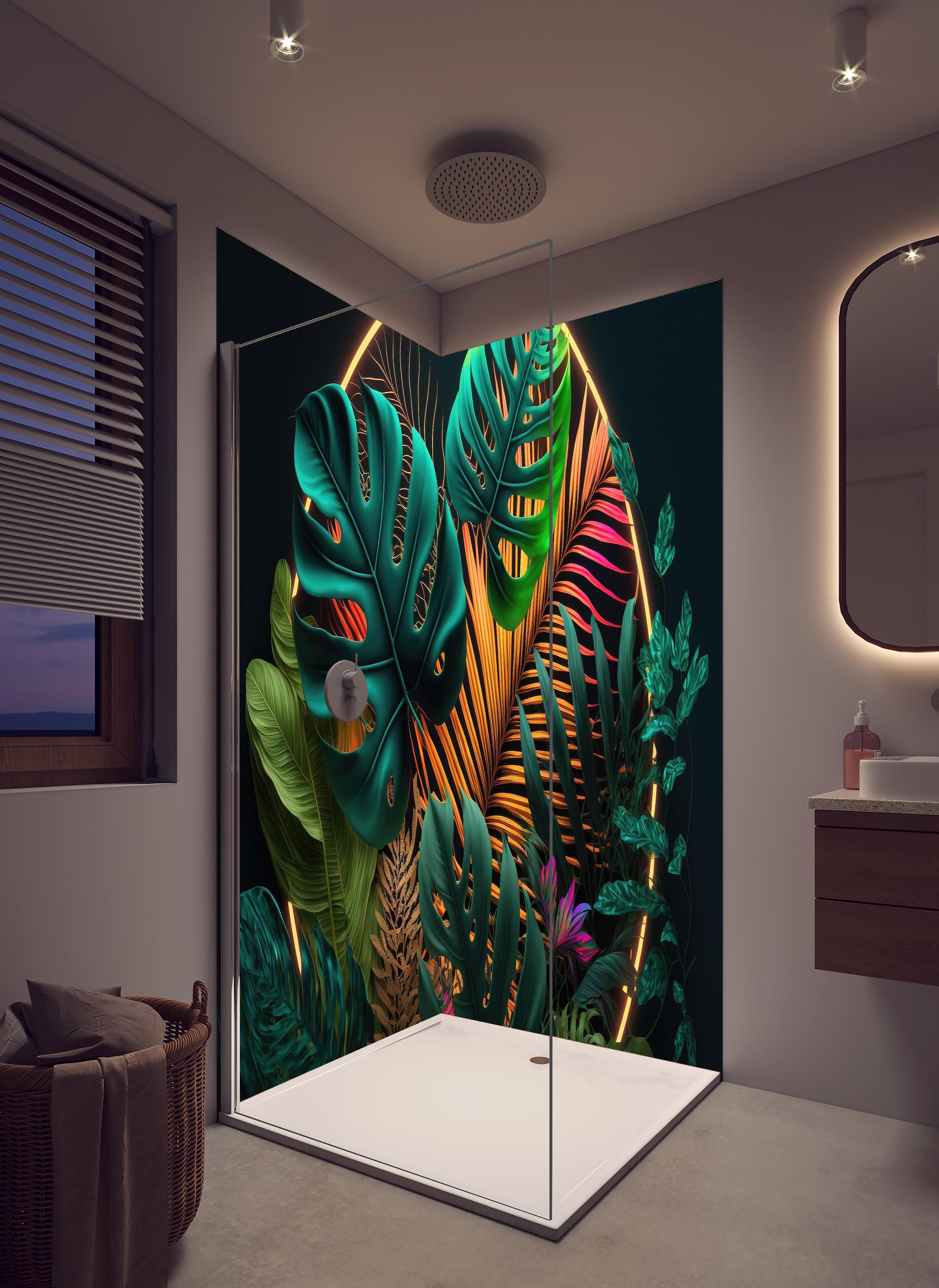 Duschrückwand - Dunkelgrüne tropische Blätter buntes Neonlicht in hellem Badezimmer mit Regenduschkopf - zweiteilige Eck-Duschrückwand