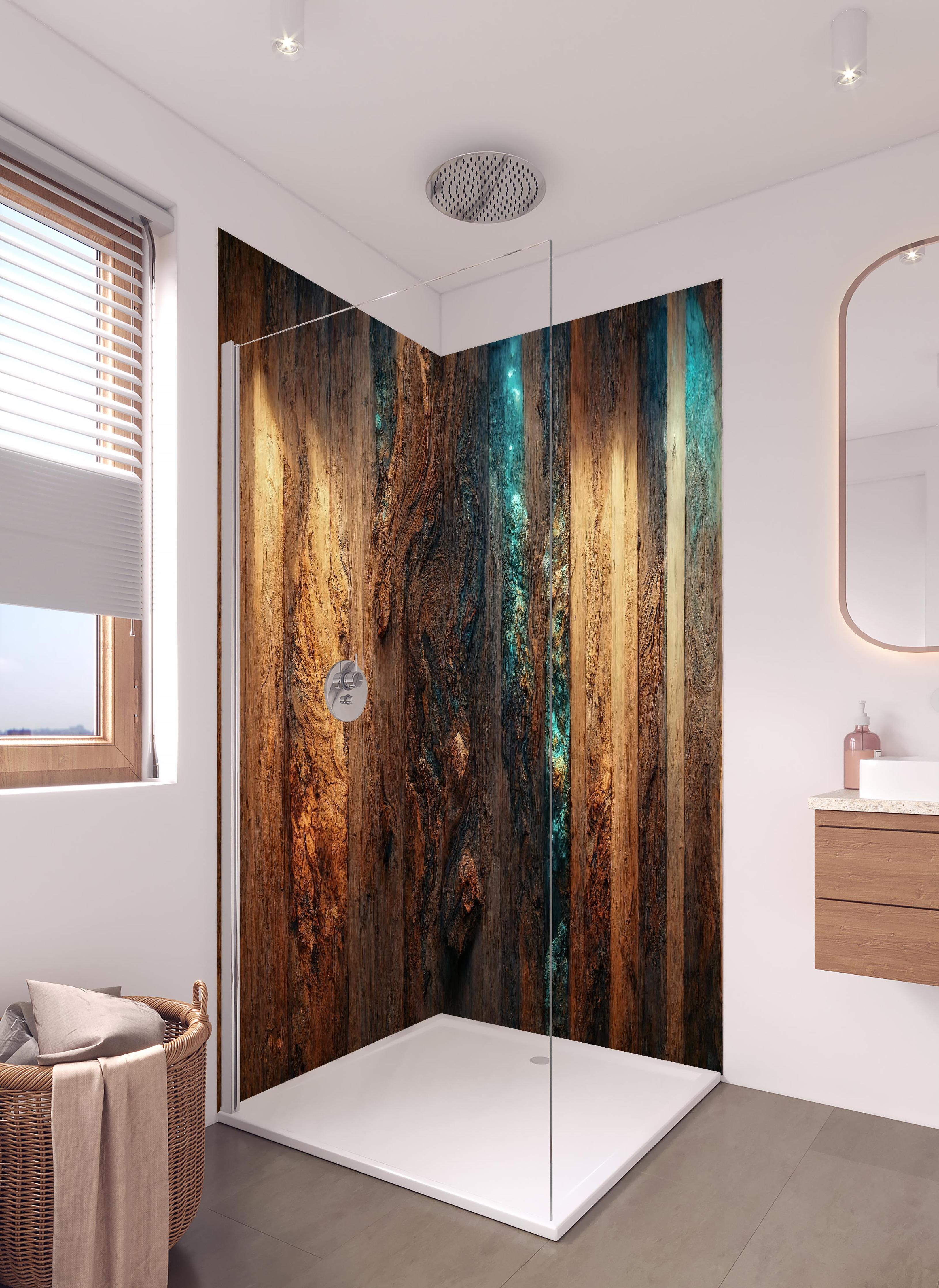Duschrückwand - Dunkelholz Tischplatte mit Blauem Epoxid in hellem Badezimmer mit Regenduschkopf - zweiteilige Eck-Duschrückwand