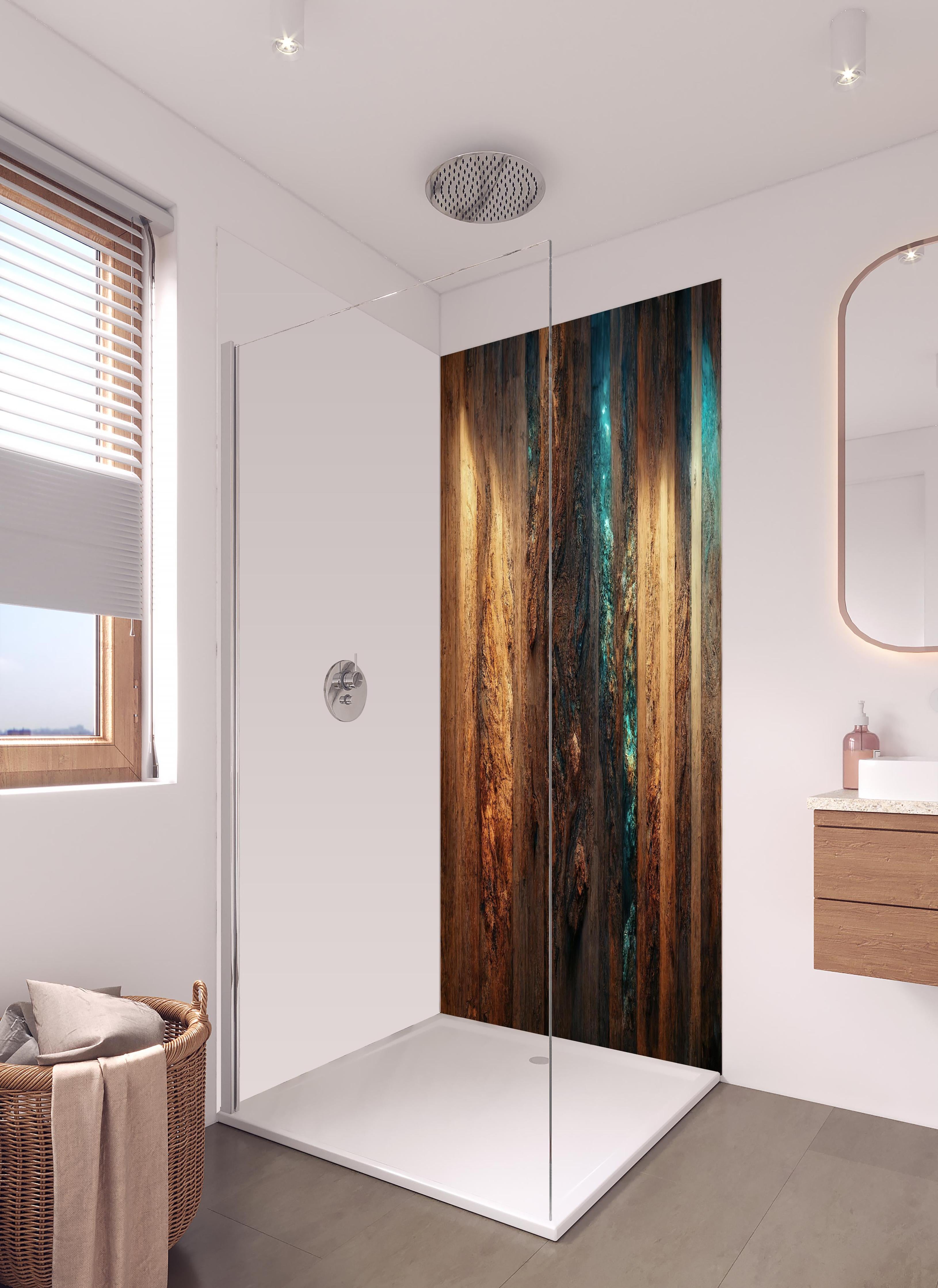 Duschrückwand - Dunkelholz Tischplatte mit Blauem Epoxid in hellem Badezimmer mit Regenduschkopf - zweiteilige Eck-Duschrückwand