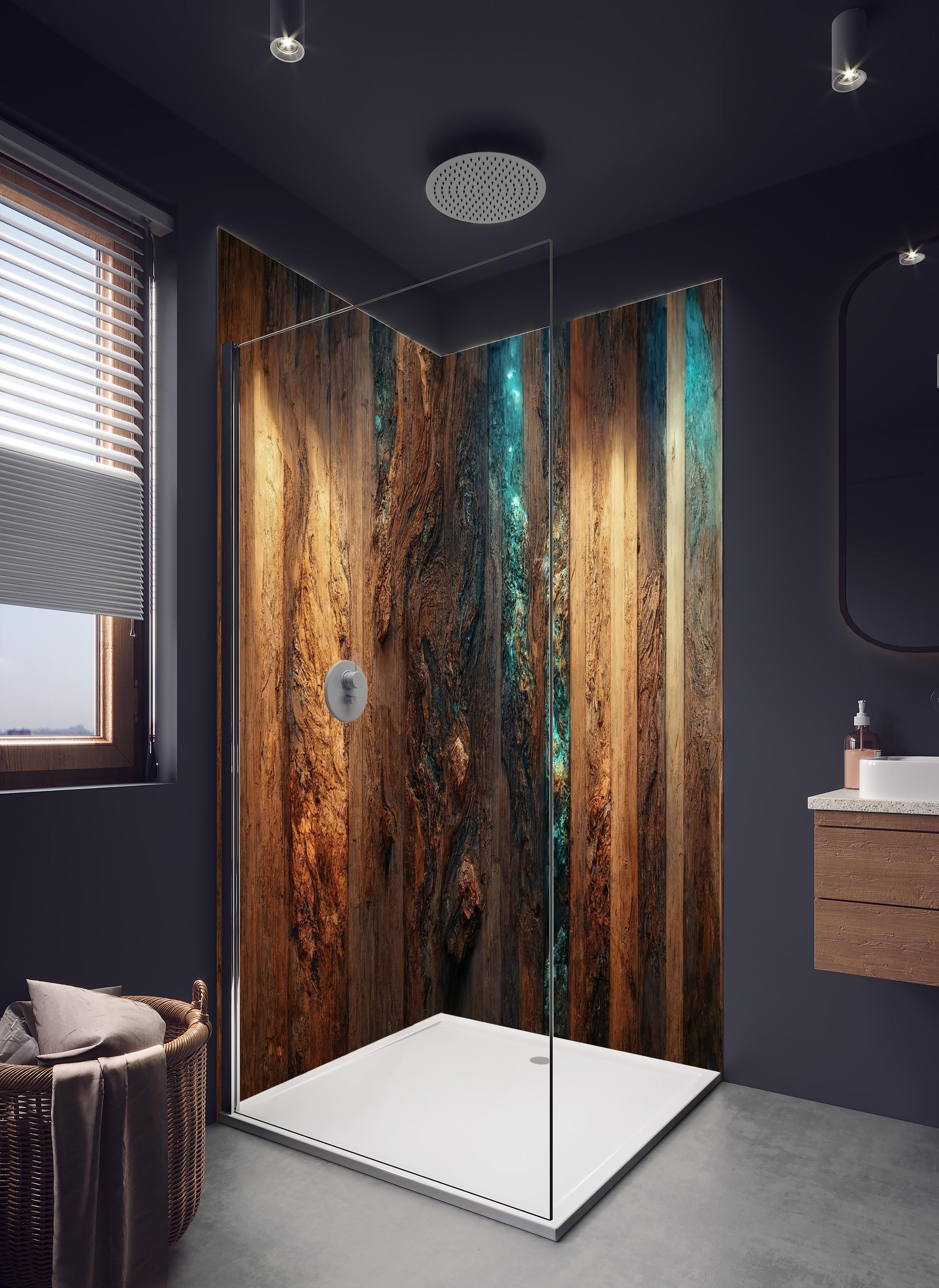 Duschrückwand - Dunkelholz Tischplatte mit Blauem Epoxid in hellem Badezimmer mit Regenduschkopf - zweiteilige Eck-Duschrückwand
