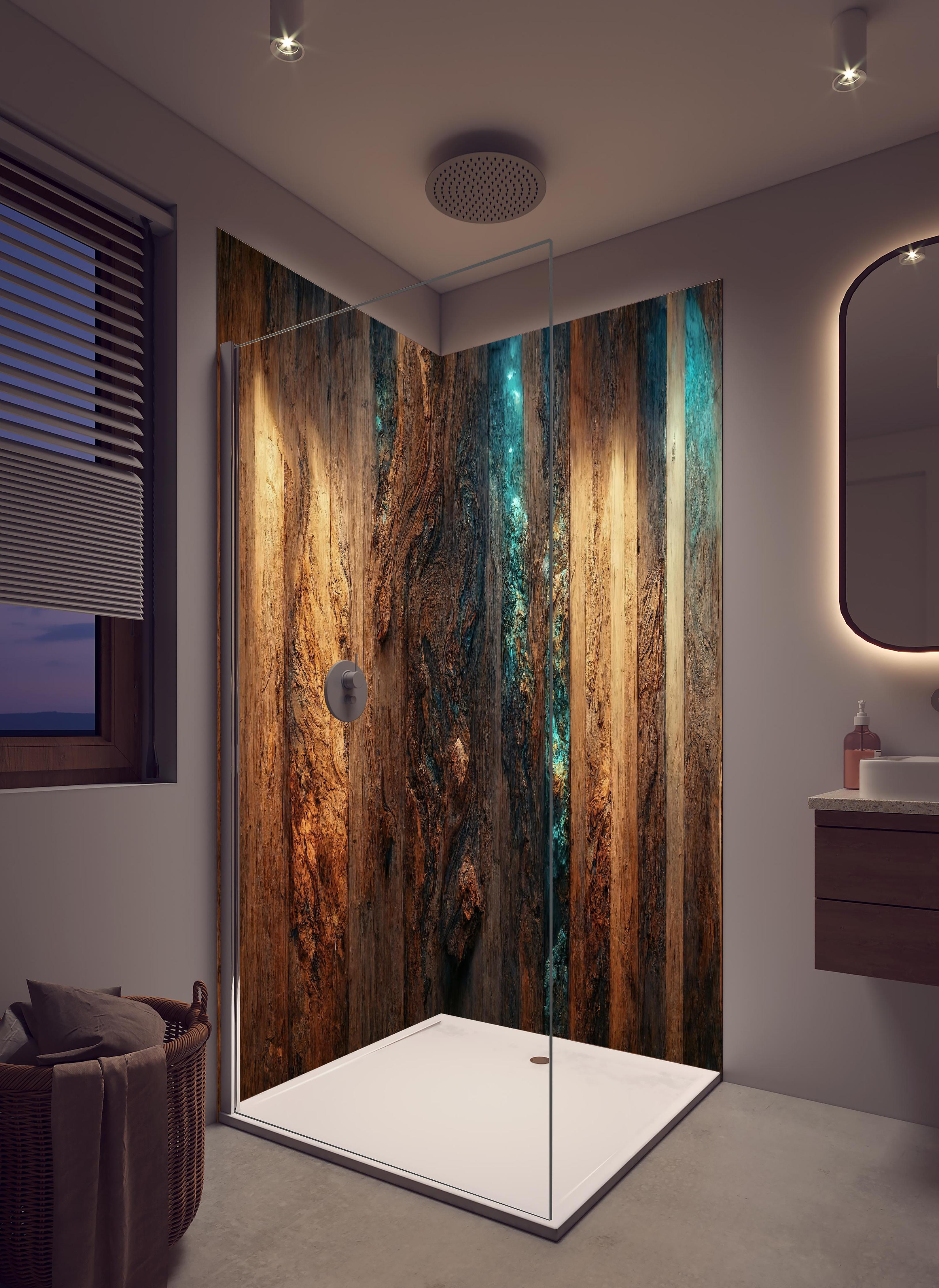Duschrückwand - Dunkelholz Tischplatte mit Blauem Epoxid in hellem Badezimmer mit Regenduschkopf - zweiteilige Eck-Duschrückwand