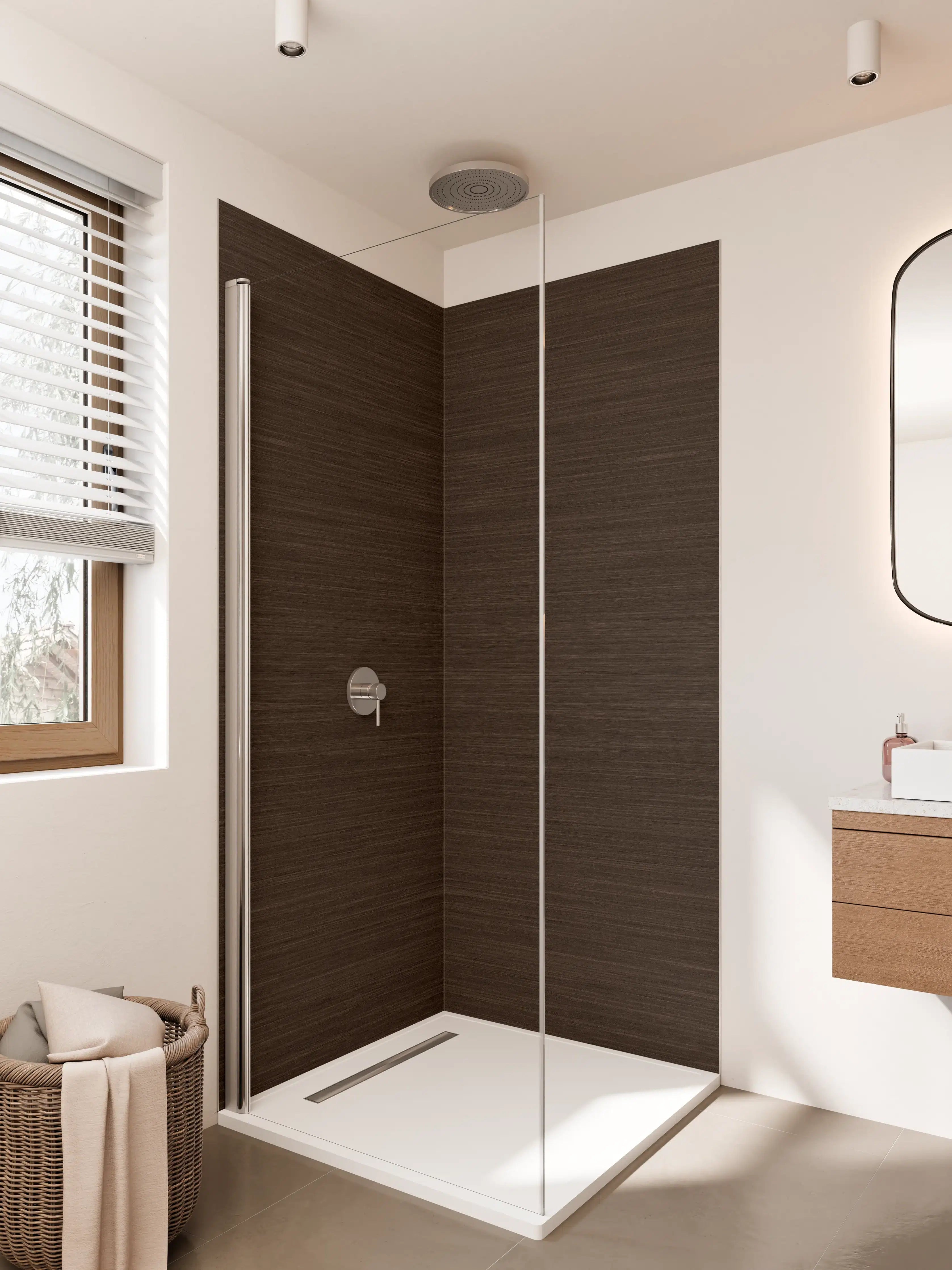 Duschrückwand - Dunkle Holzstruktur mit feiner Maserung