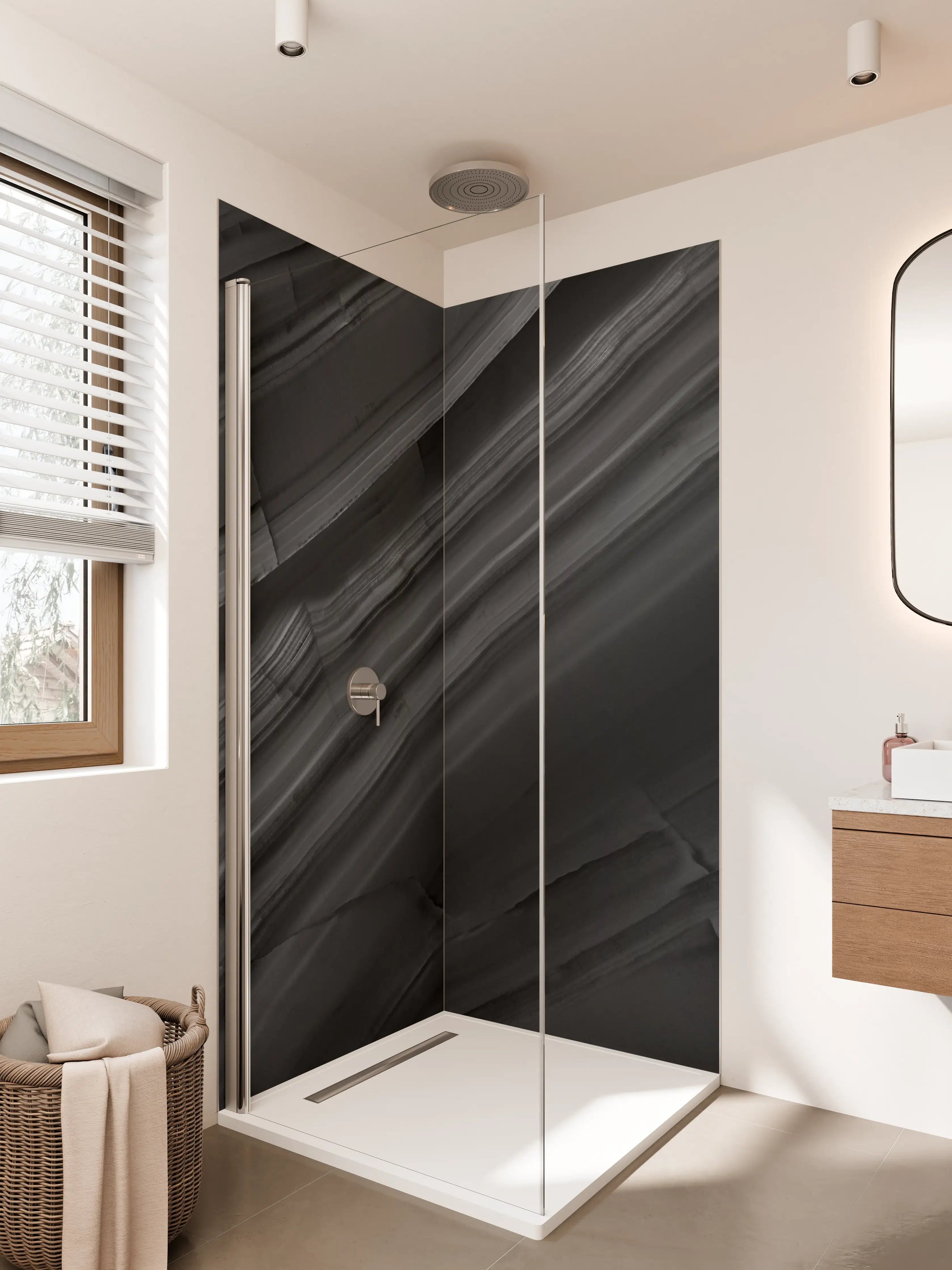 Duschrückwand - Dunkle Marmorstruktur in Schwarz