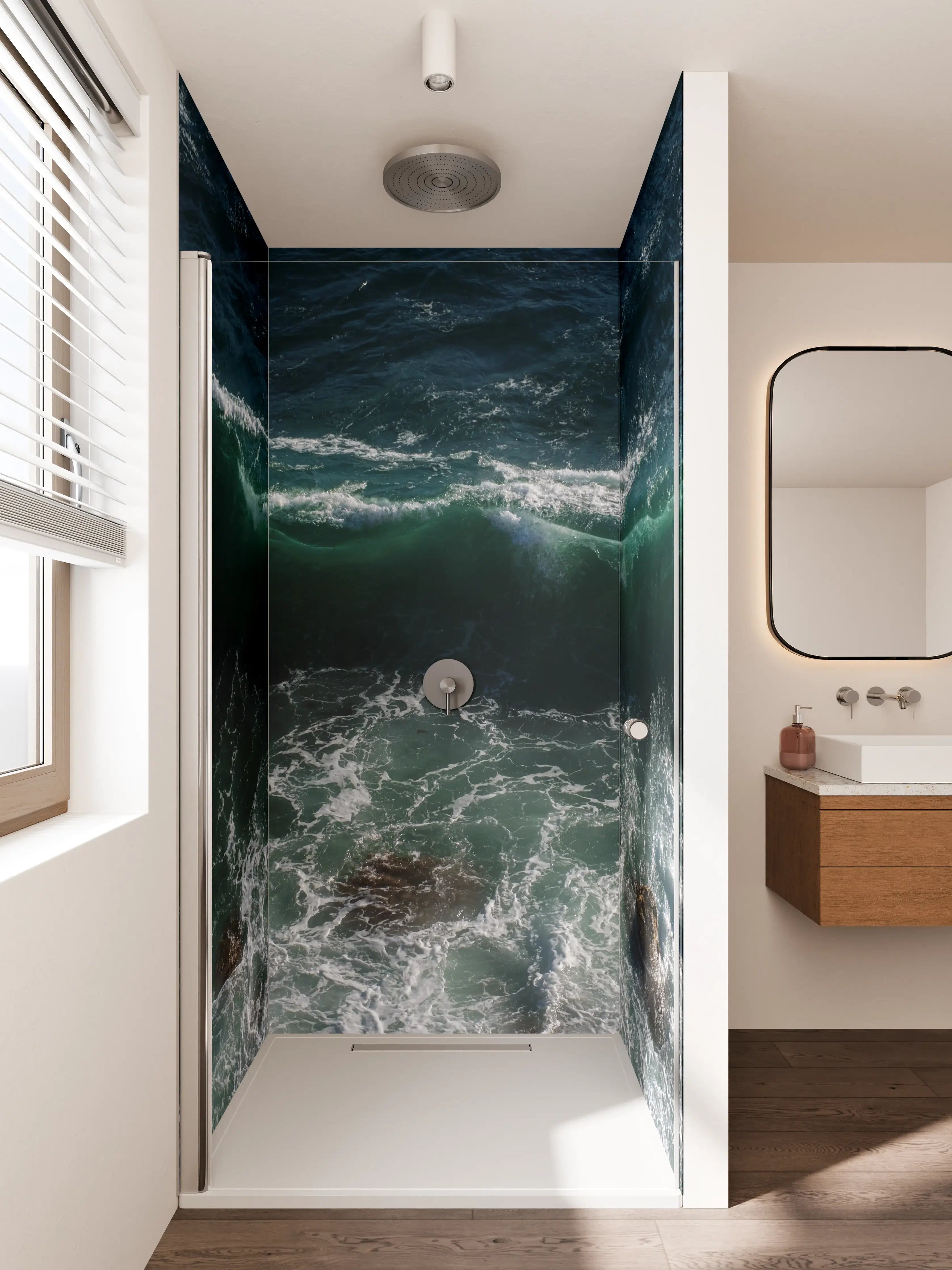 Duschrückwand - Dunkle Meereswellen mit Gischt