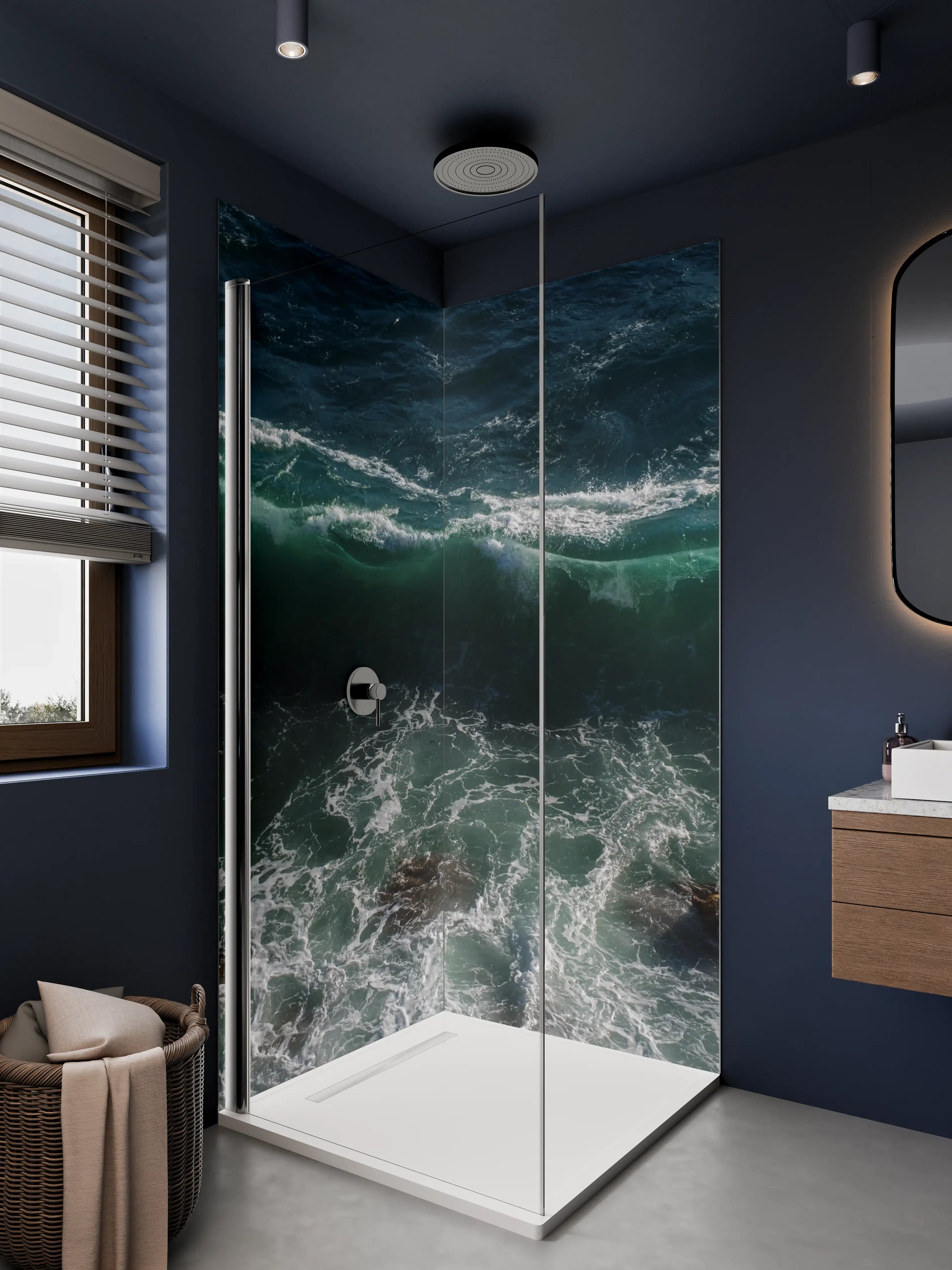 Duschrückwand - Dunkle Meereswellen mit Gischt