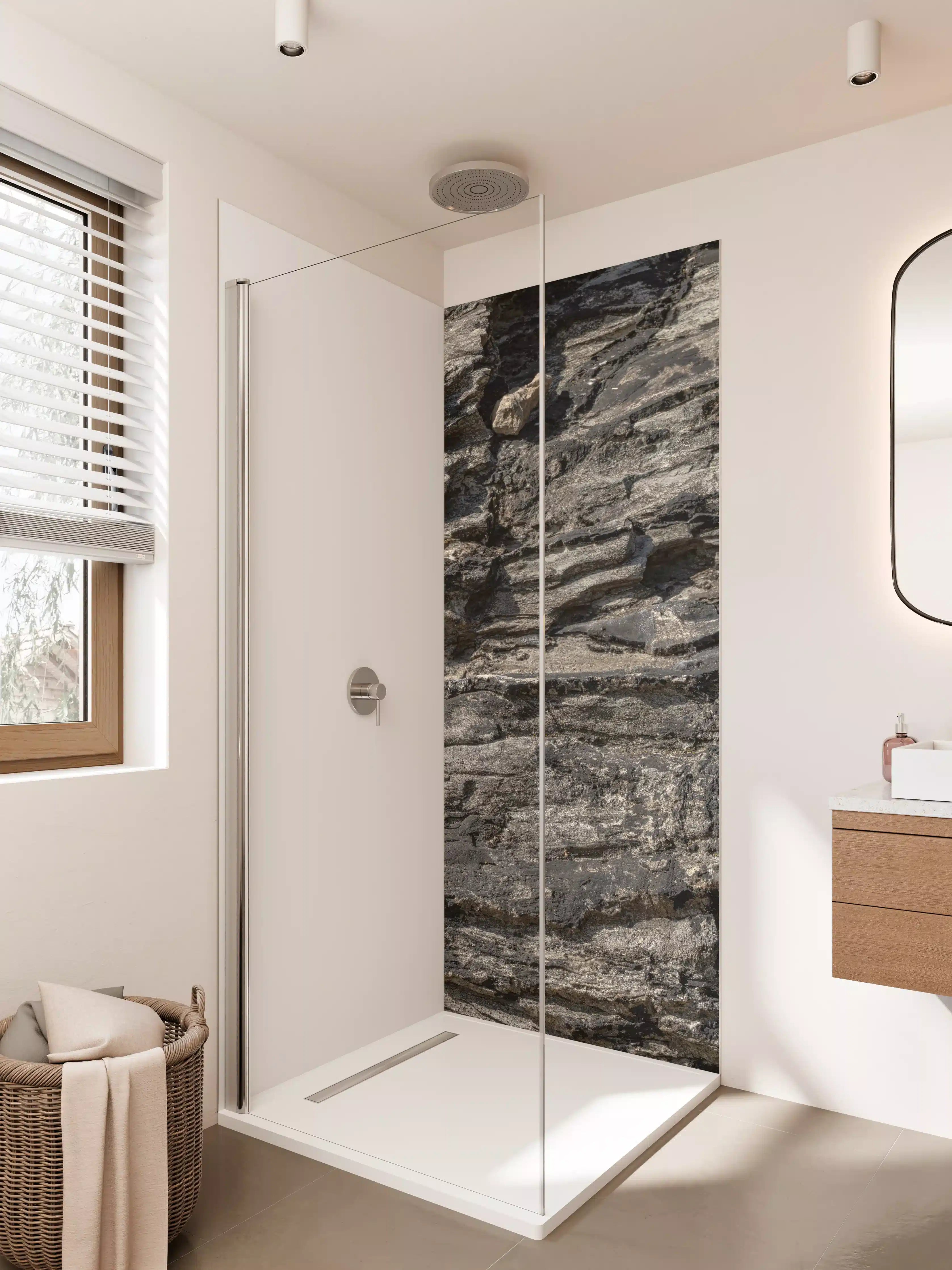 Duschrückwand - Dunkler Naturstein mit rauer Textur