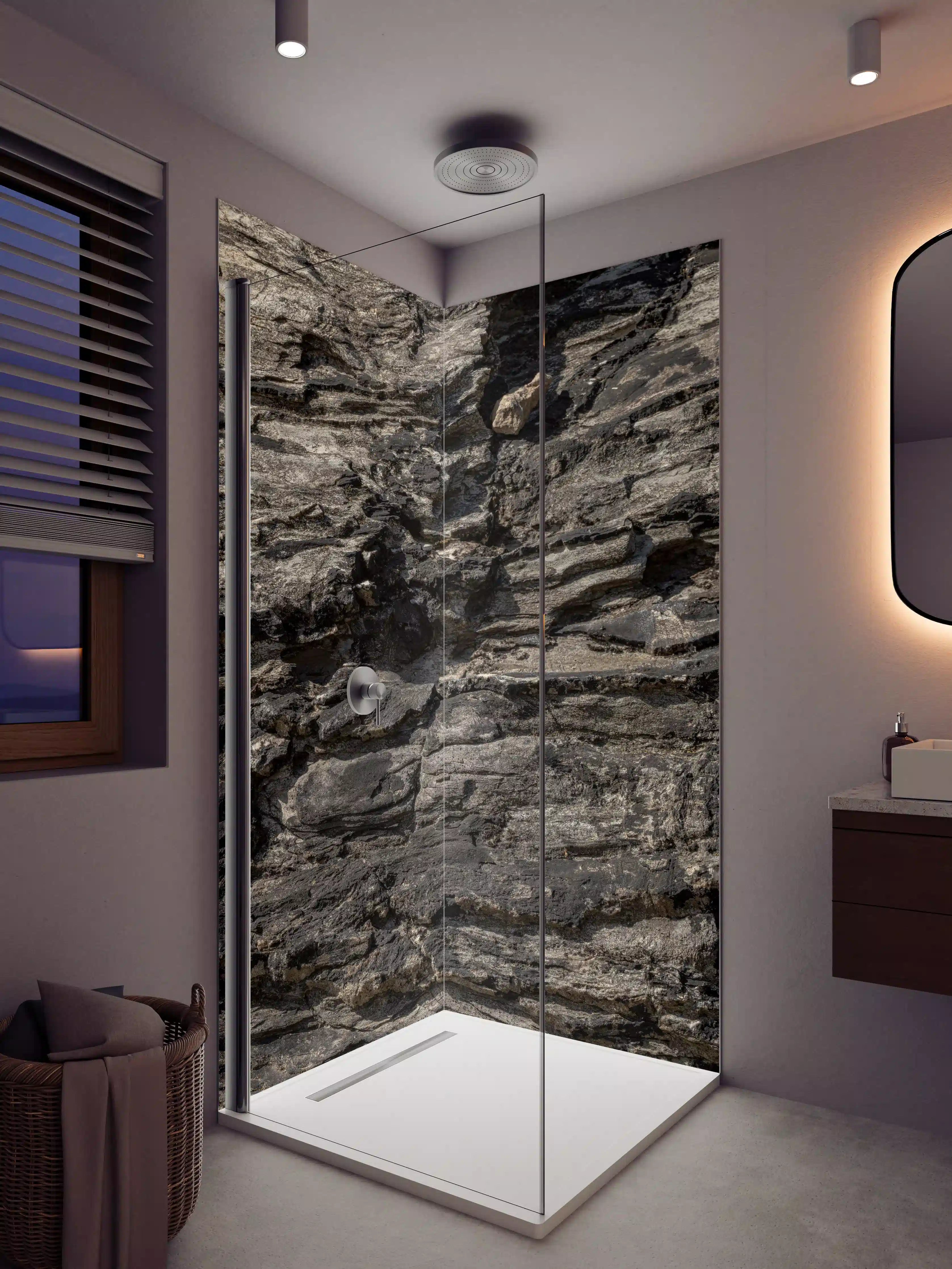 Duschrückwand - Dunkler Naturstein mit rauer Textur