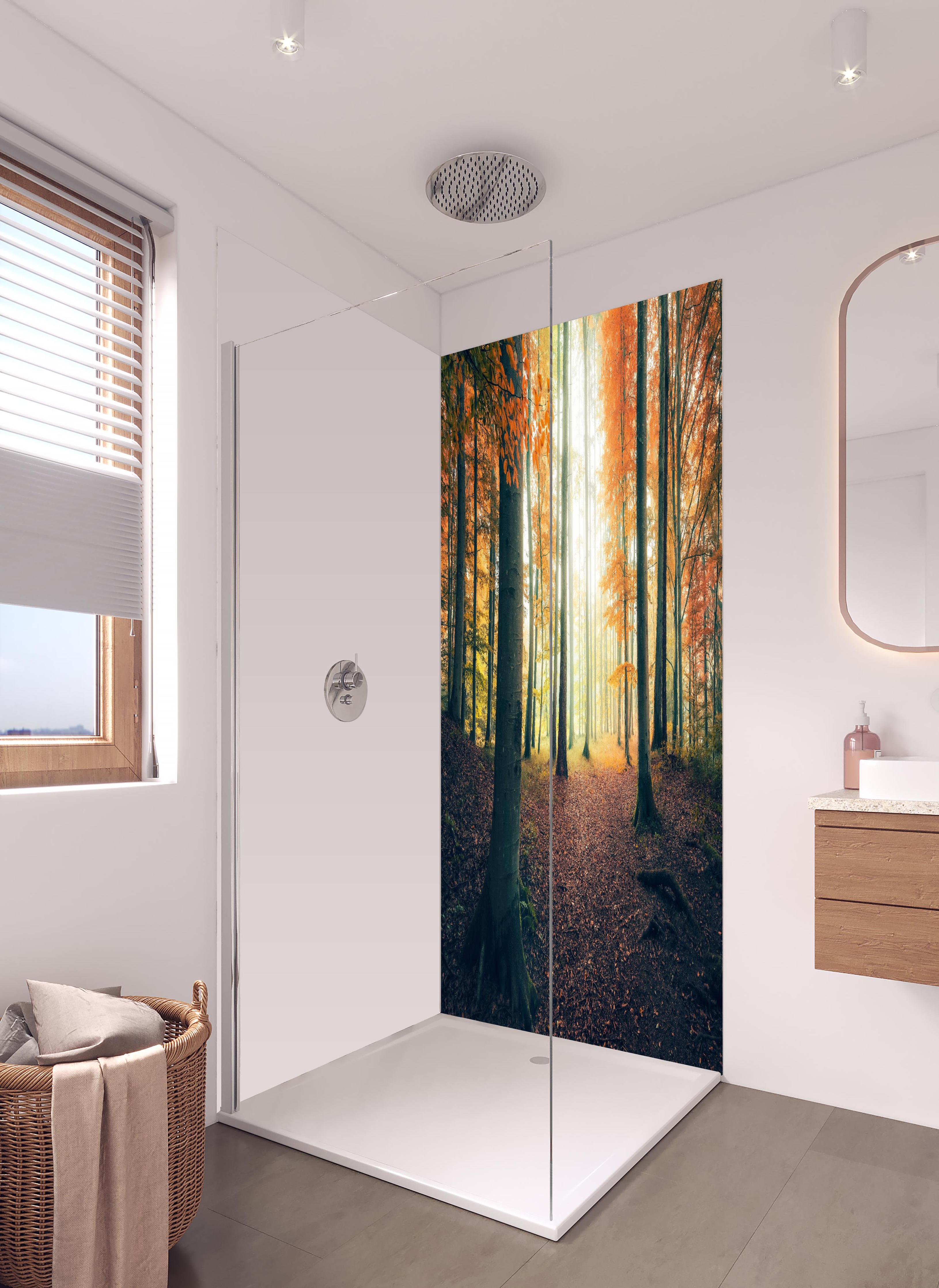 Duschrückwand - Dunkler Wald im Herbst in hellem Badezimmer mit Regenduschkopf - zweiteilige Eck-Duschrückwand