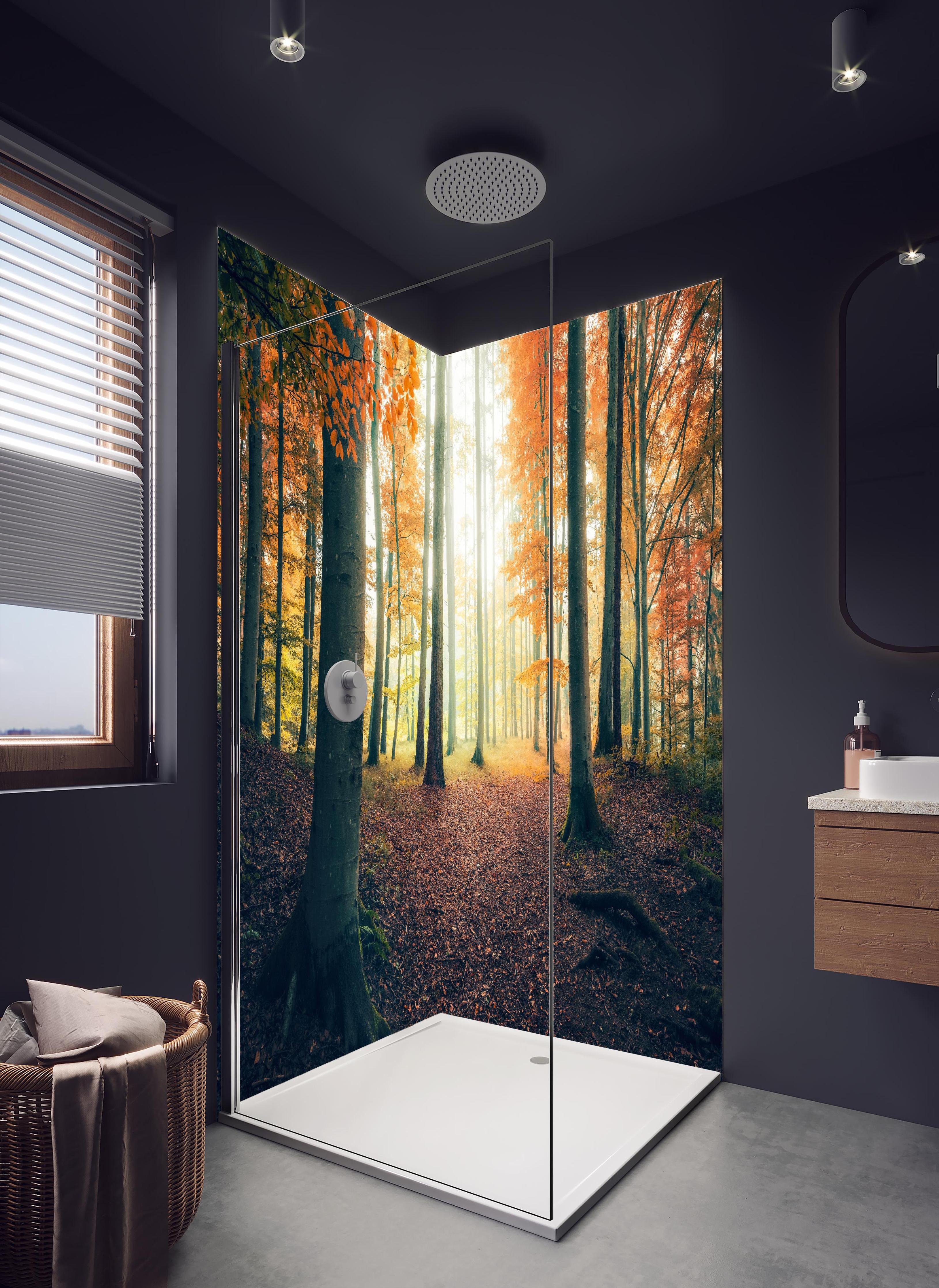 Duschrückwand - Dunkler Wald im Herbst in hellem Badezimmer mit Regenduschkopf - zweiteilige Eck-Duschrückwand
