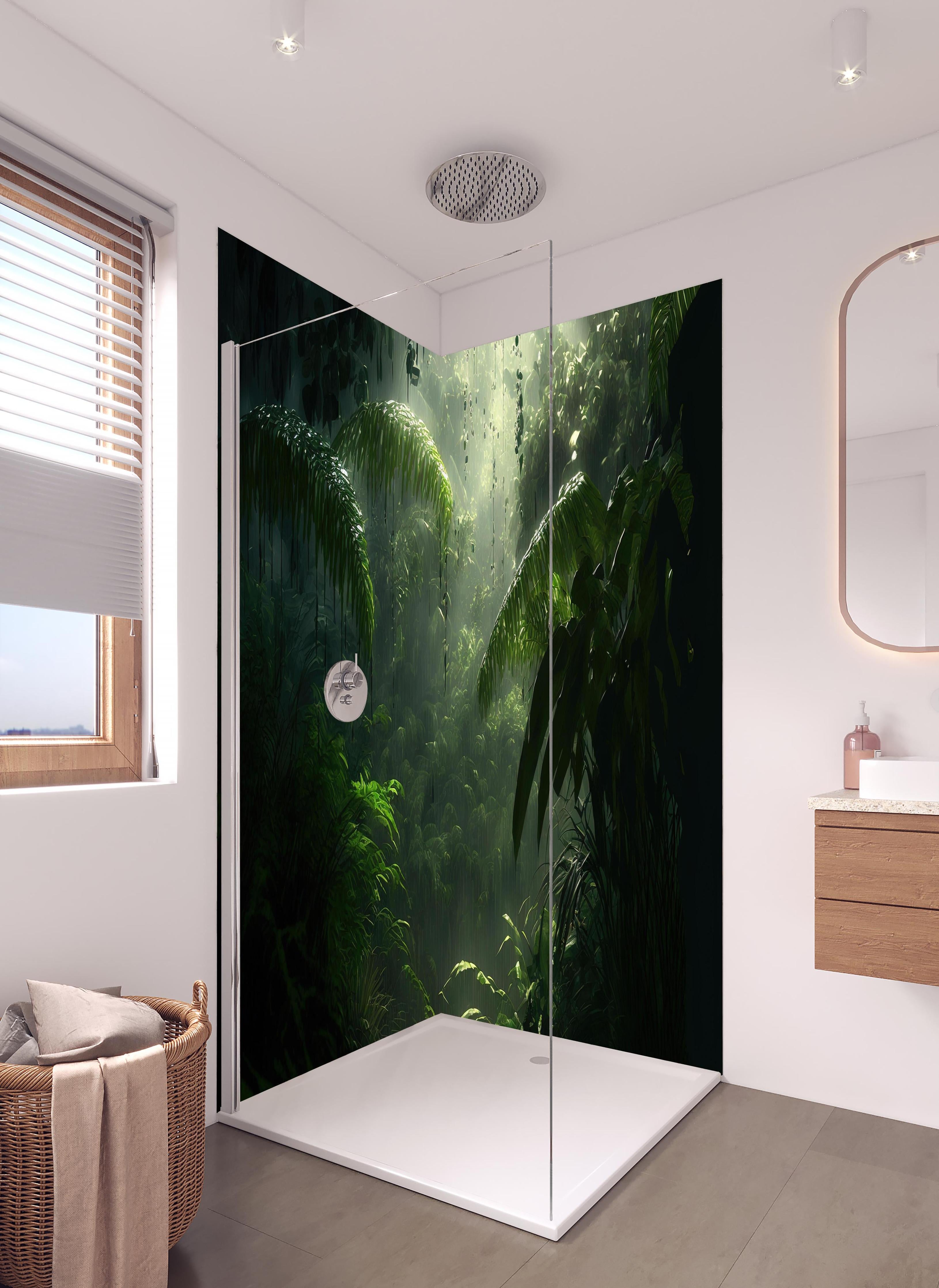 Duschrückwand - Dunkler tropischer Wald im Regen in hellem Badezimmer mit Regenduschkopf - zweiteilige Eck-Duschrückwand