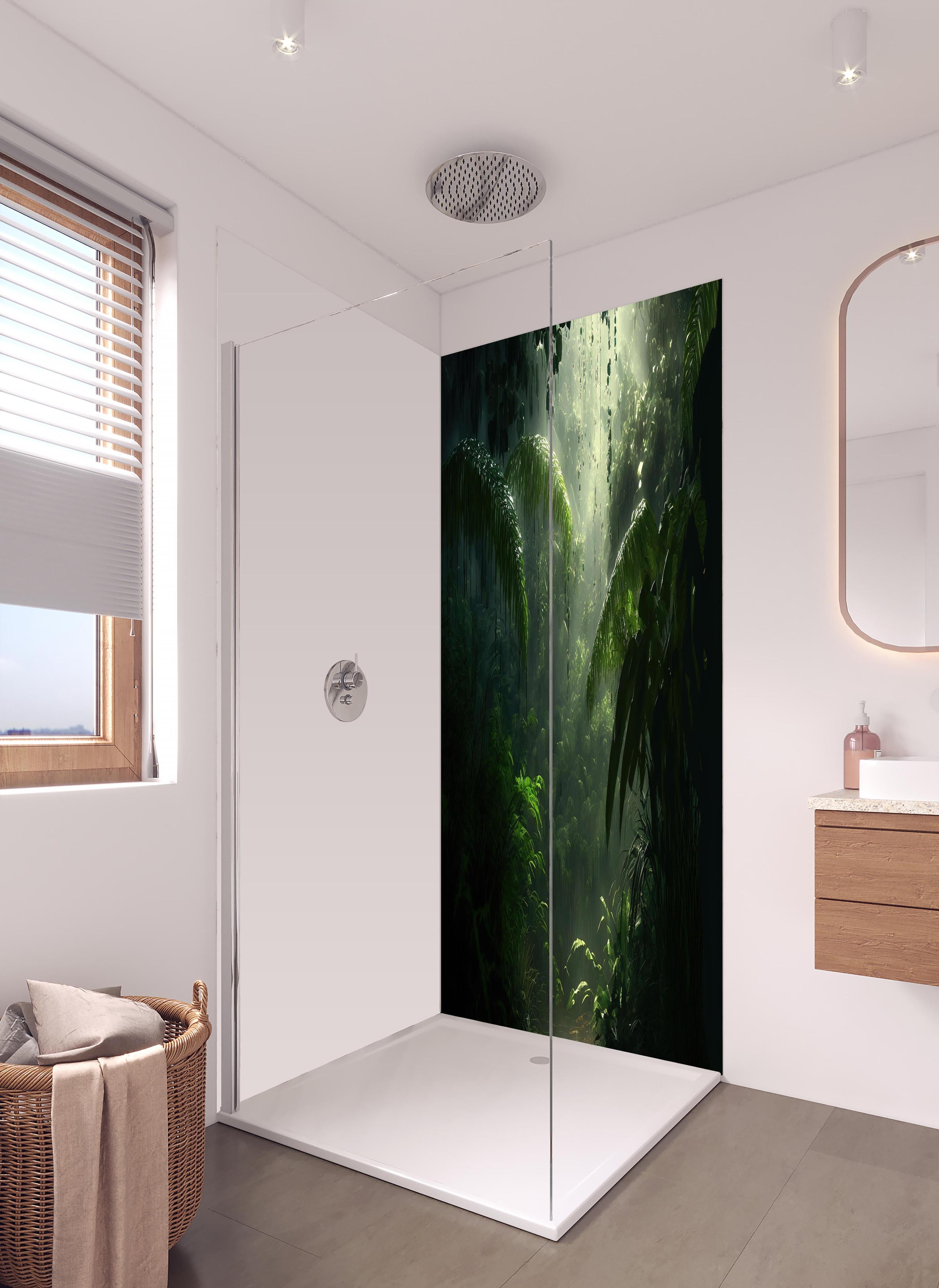 Duschrückwand - Dunkler tropischer Wald im Regen in hellem Badezimmer mit Regenduschkopf - zweiteilige Eck-Duschrückwand