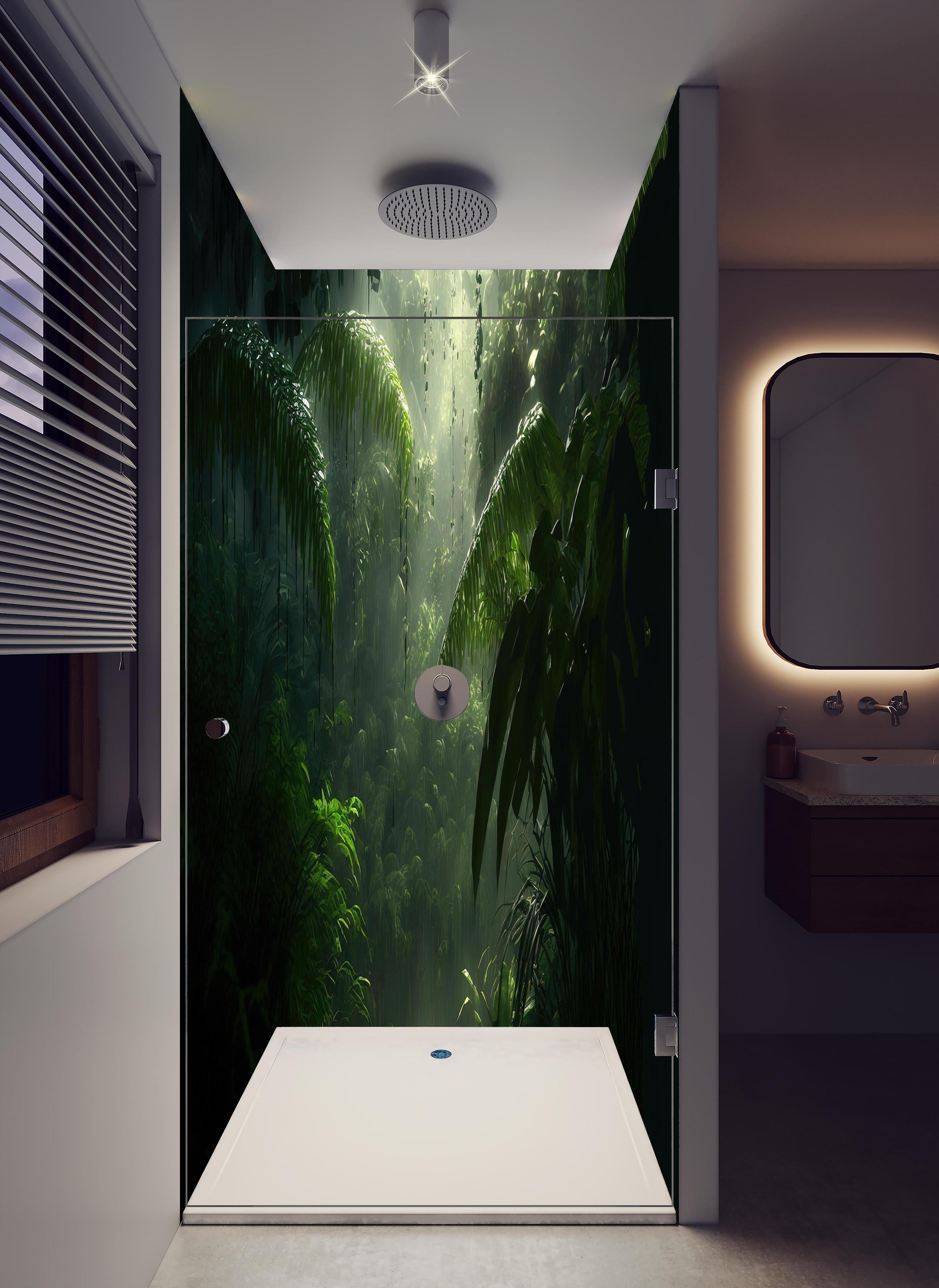 Duschrückwand - Dunkler tropischer Wald im Regen in hellem Badezimmer mit Regenduschkopf - zweiteilige Eck-Duschrückwand