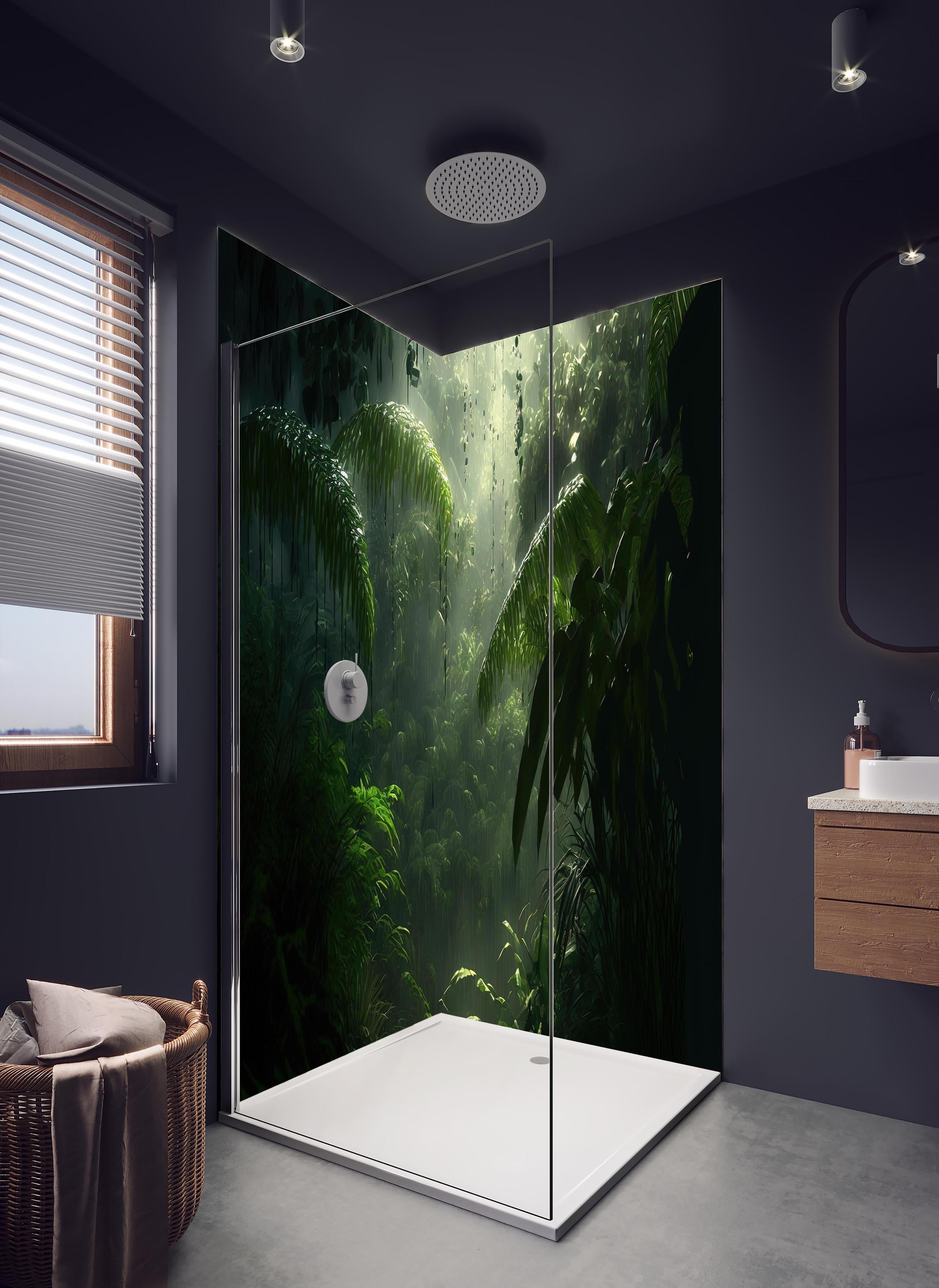 Duschrückwand - Dunkler tropischer Wald im Regen in hellem Badezimmer mit Regenduschkopf - zweiteilige Eck-Duschrückwand