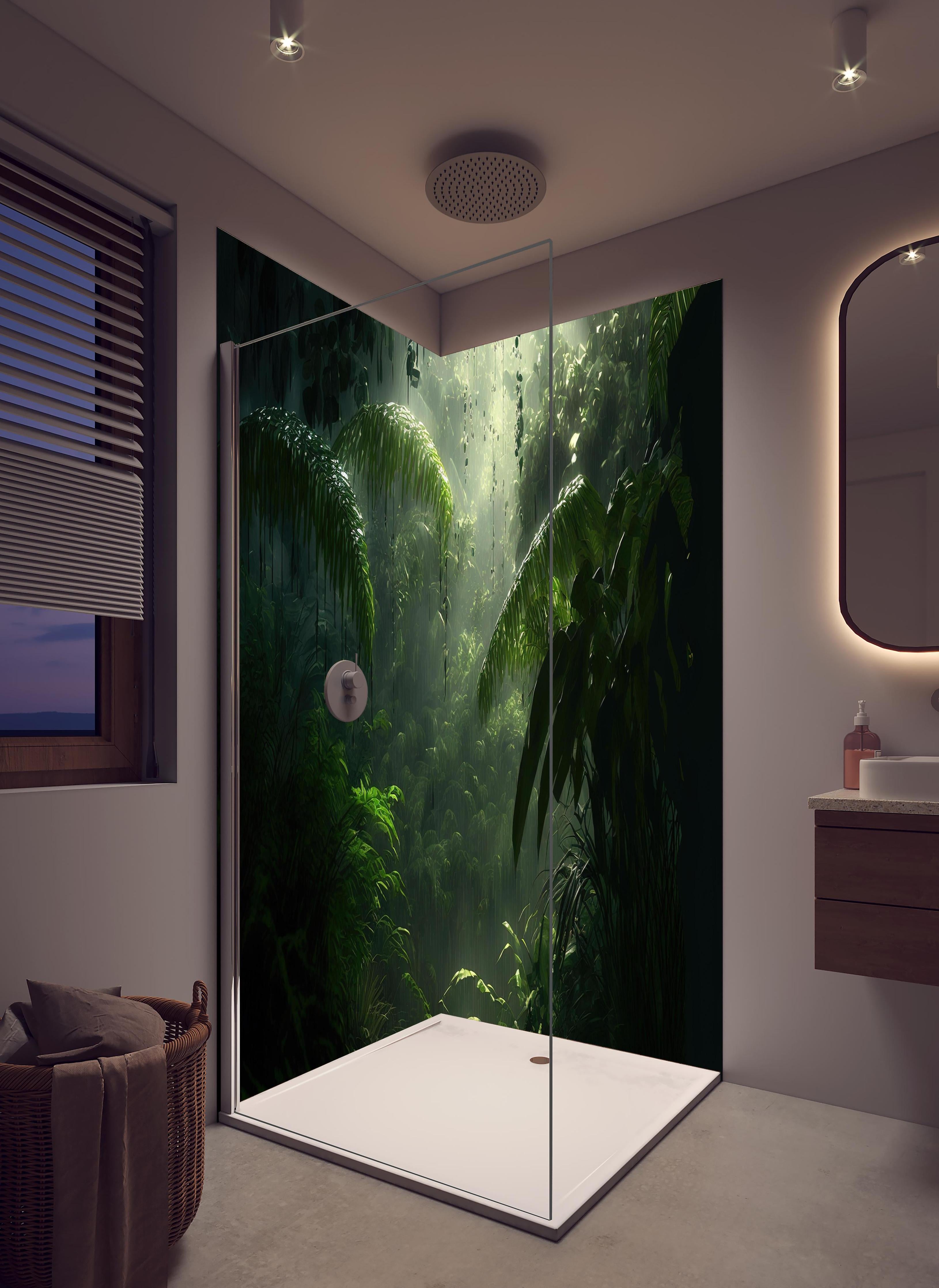 Duschrückwand - Dunkler tropischer Wald im Regen in hellem Badezimmer mit Regenduschkopf - zweiteilige Eck-Duschrückwand