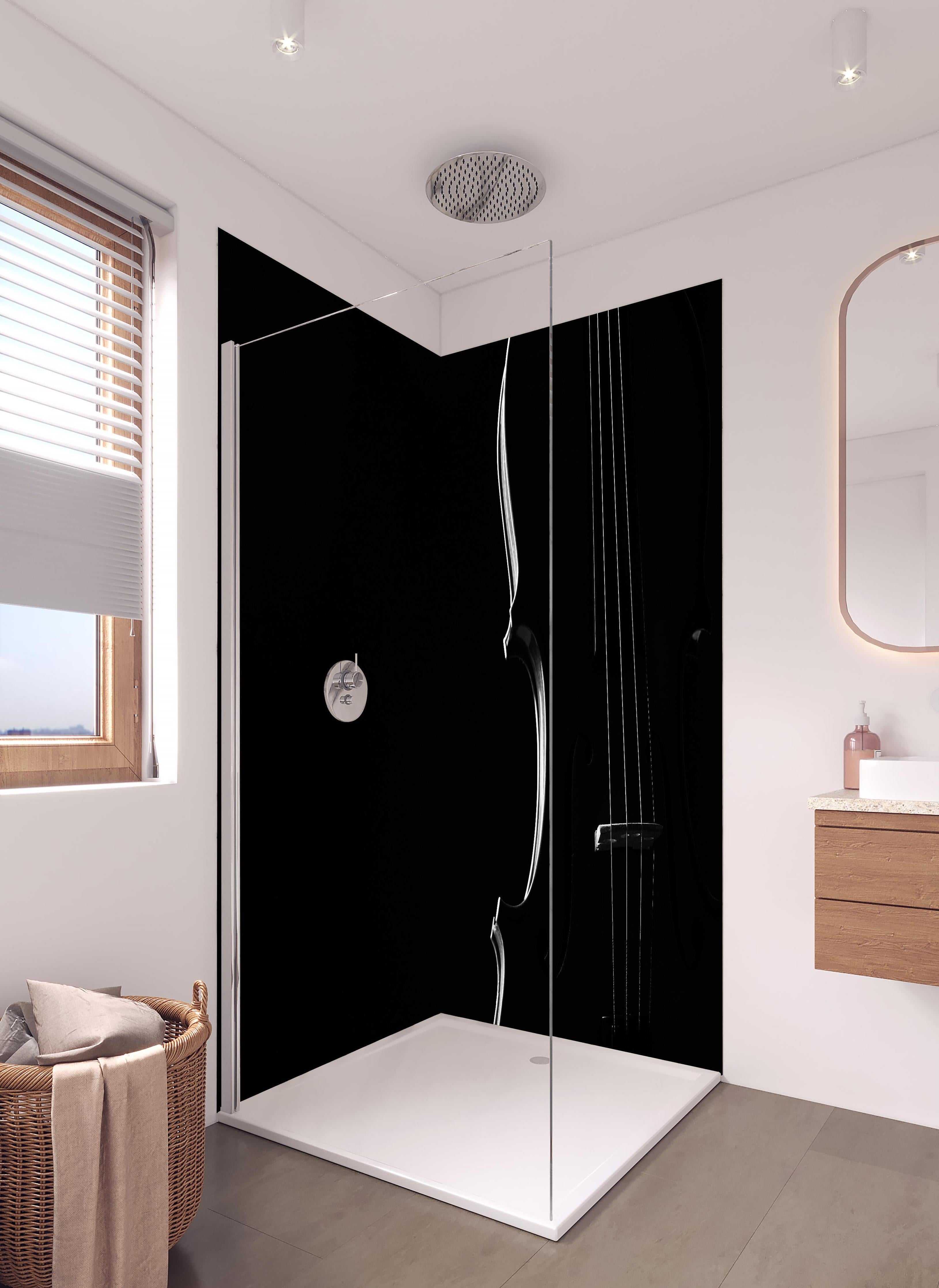 Duschrückwand - Dunkles Bild einer Violine in hellem Badezimmer mit Regenduschkopf - zweiteilige Eck-Duschrückwand