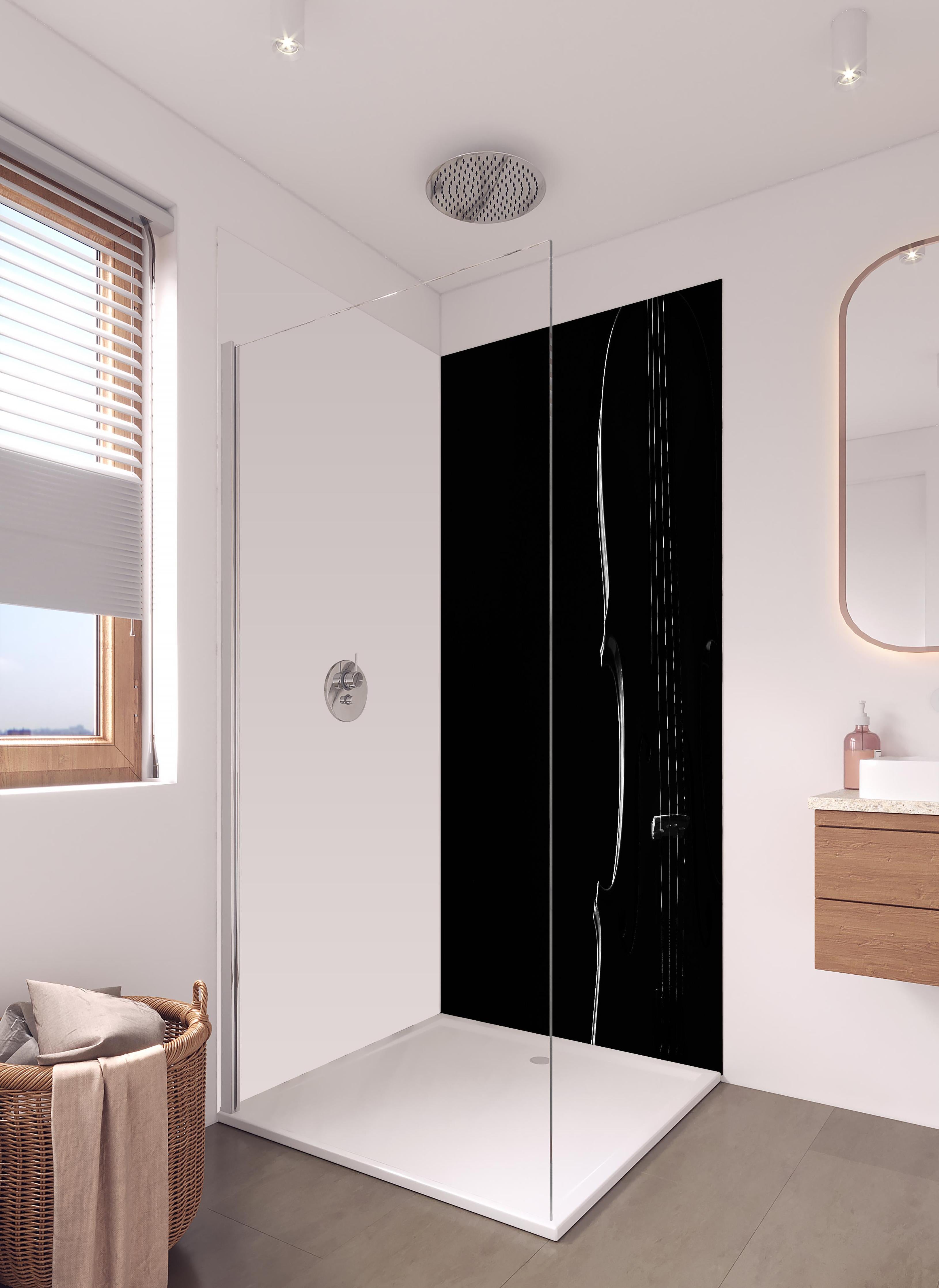 Duschrückwand - Dunkles Bild einer Violine in hellem Badezimmer mit Regenduschkopf - zweiteilige Eck-Duschrückwand