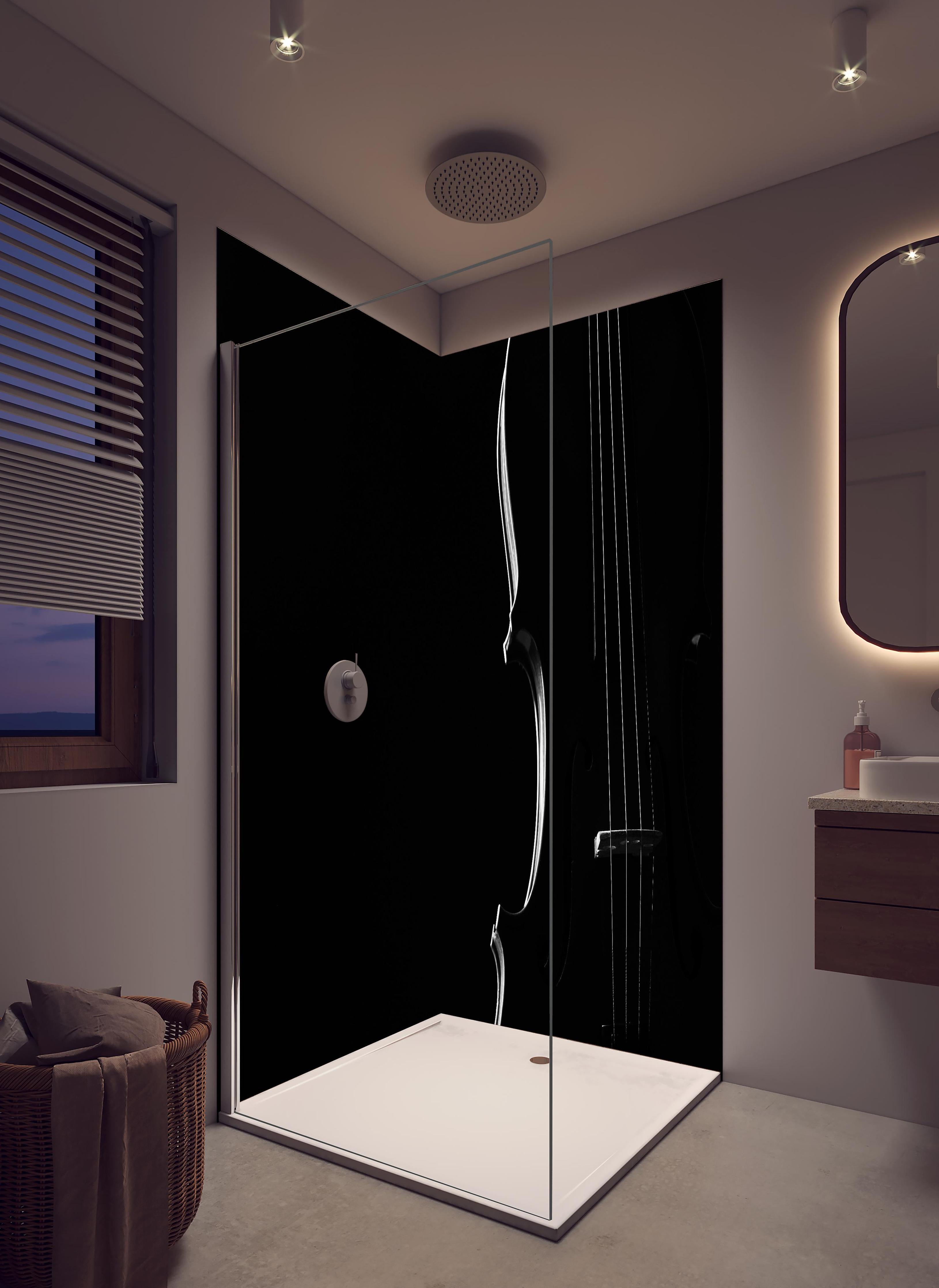 Duschrückwand - Dunkles Bild einer Violine in hellem Badezimmer mit Regenduschkopf - zweiteilige Eck-Duschrückwand
