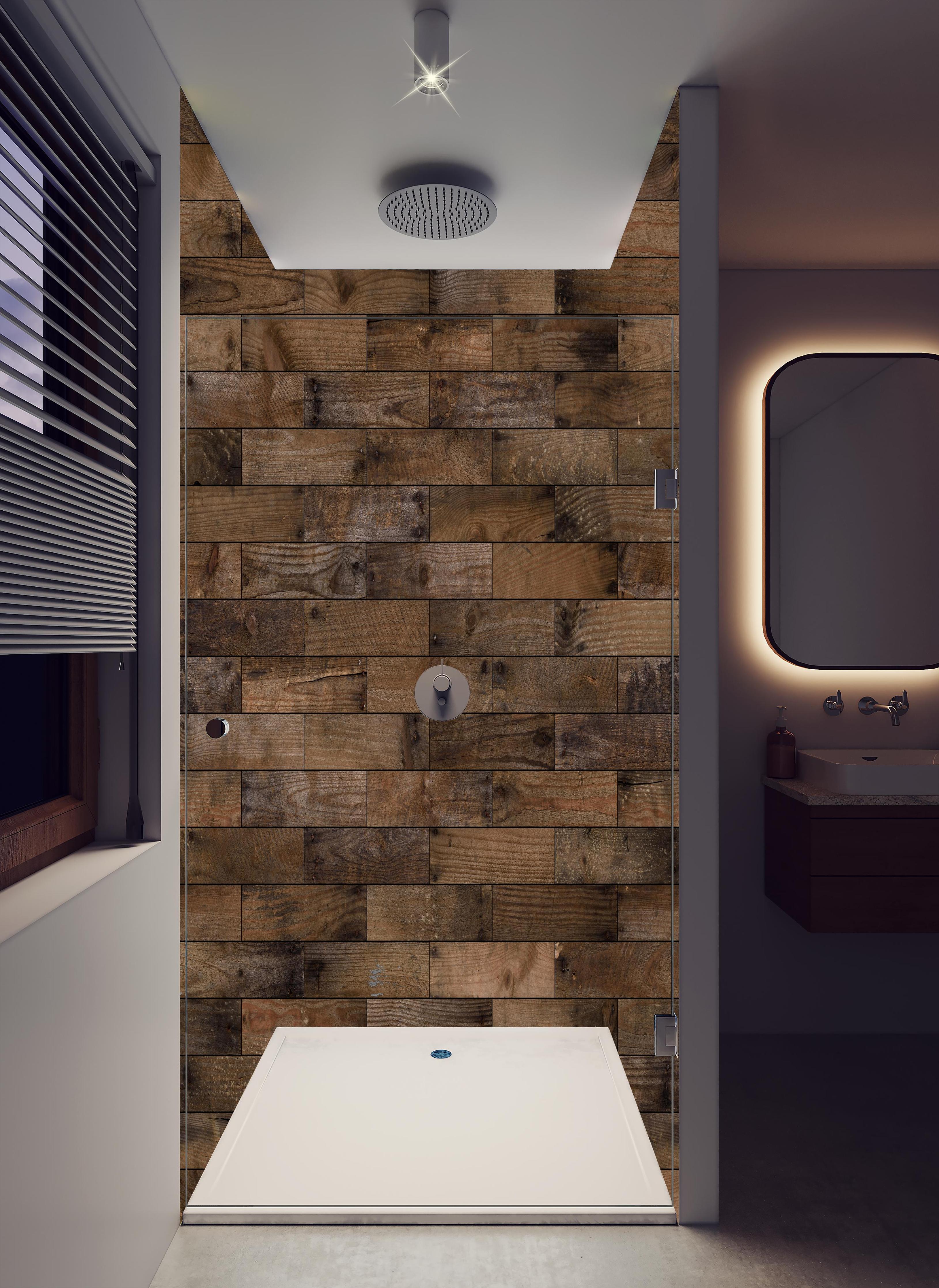 Duschrückwand - Dunkles Holzmuster in hellem Badezimmer mit Regenduschkopf - zweiteilige Eck-Duschrückwand