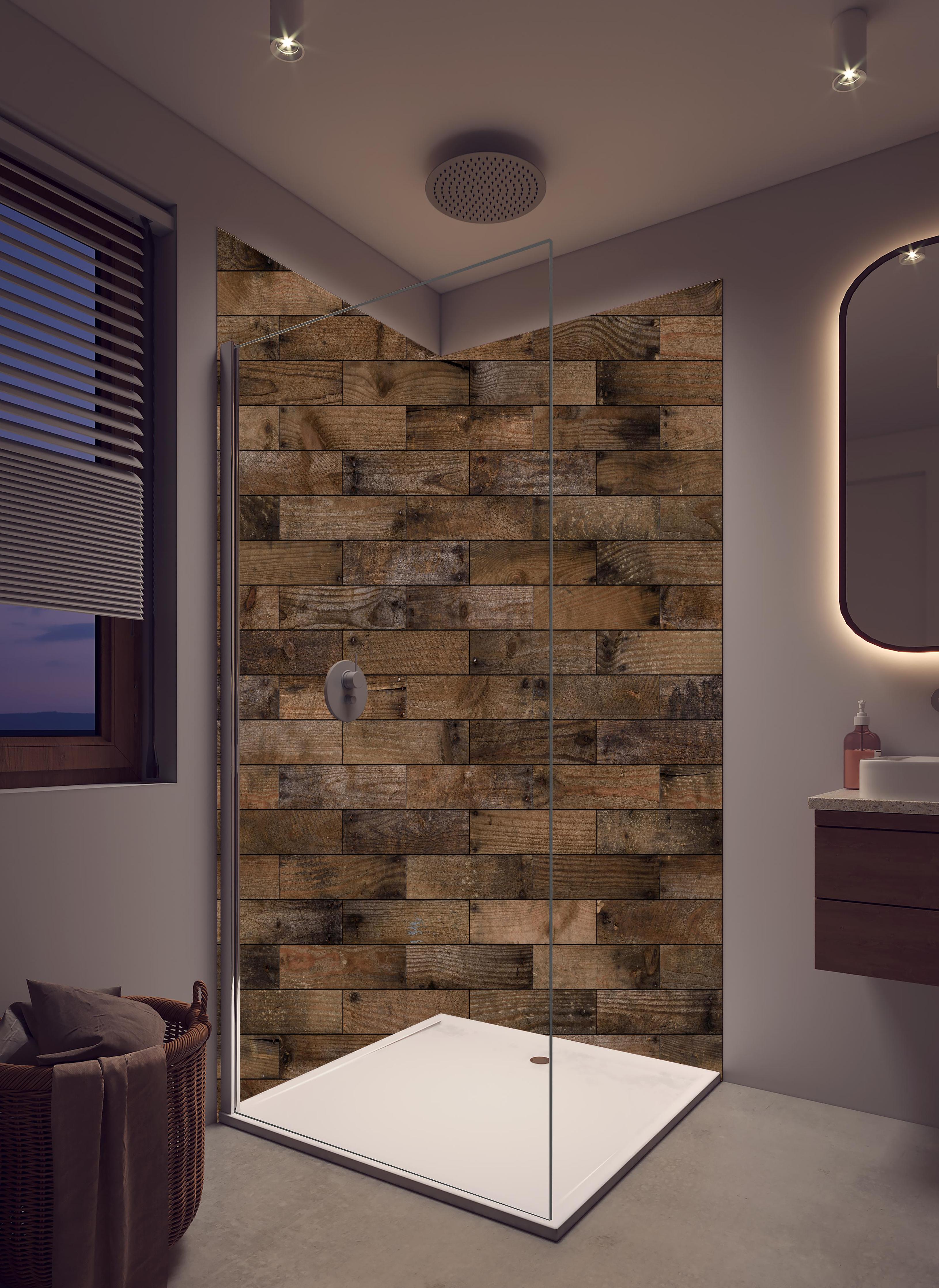 Duschrückwand - Dunkles Holzmuster in hellem Badezimmer mit Regenduschkopf - zweiteilige Eck-Duschrückwand
