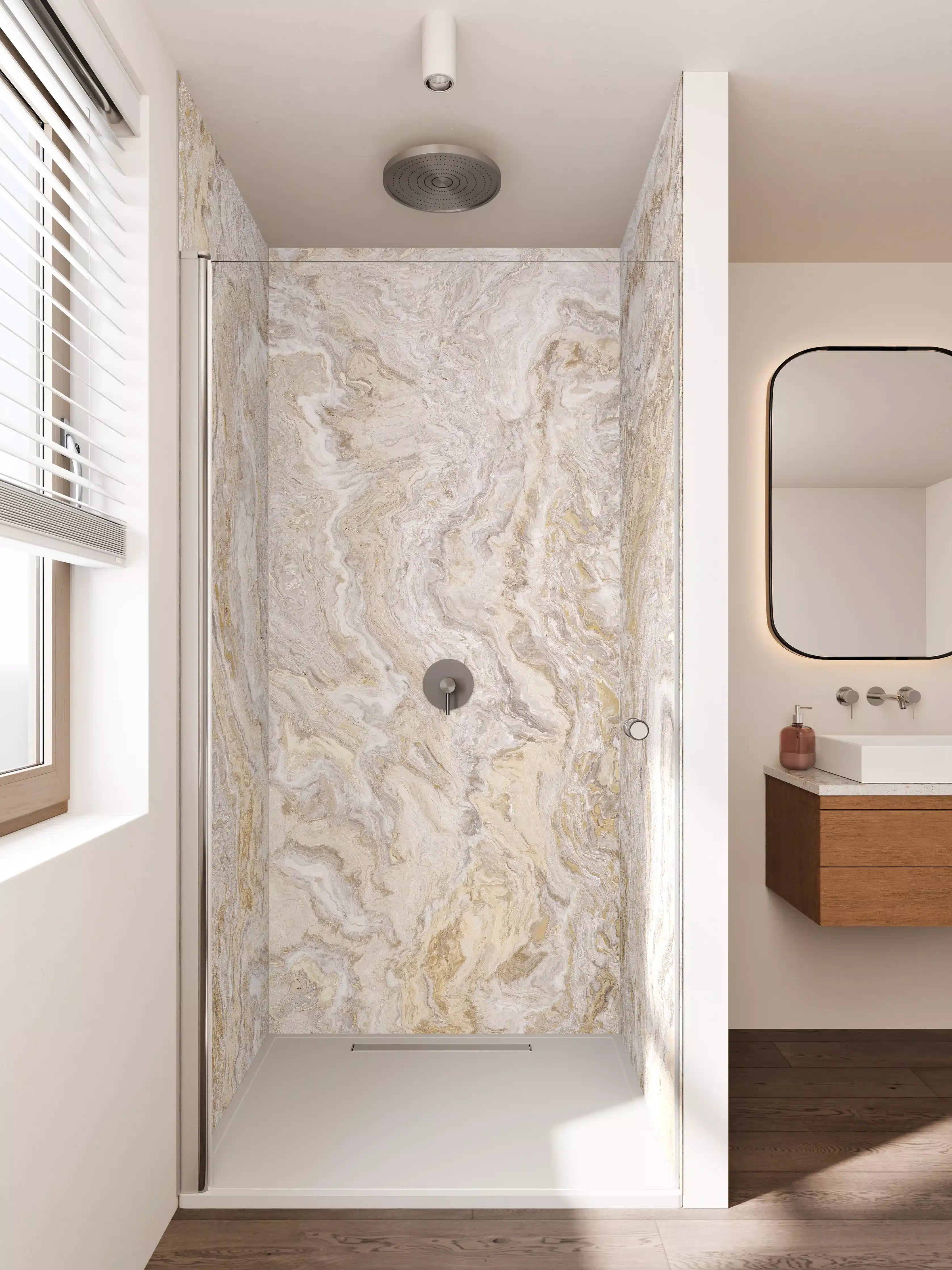 Duschrückwand - Beige Marmorstruktur mit goldenen Akzenten