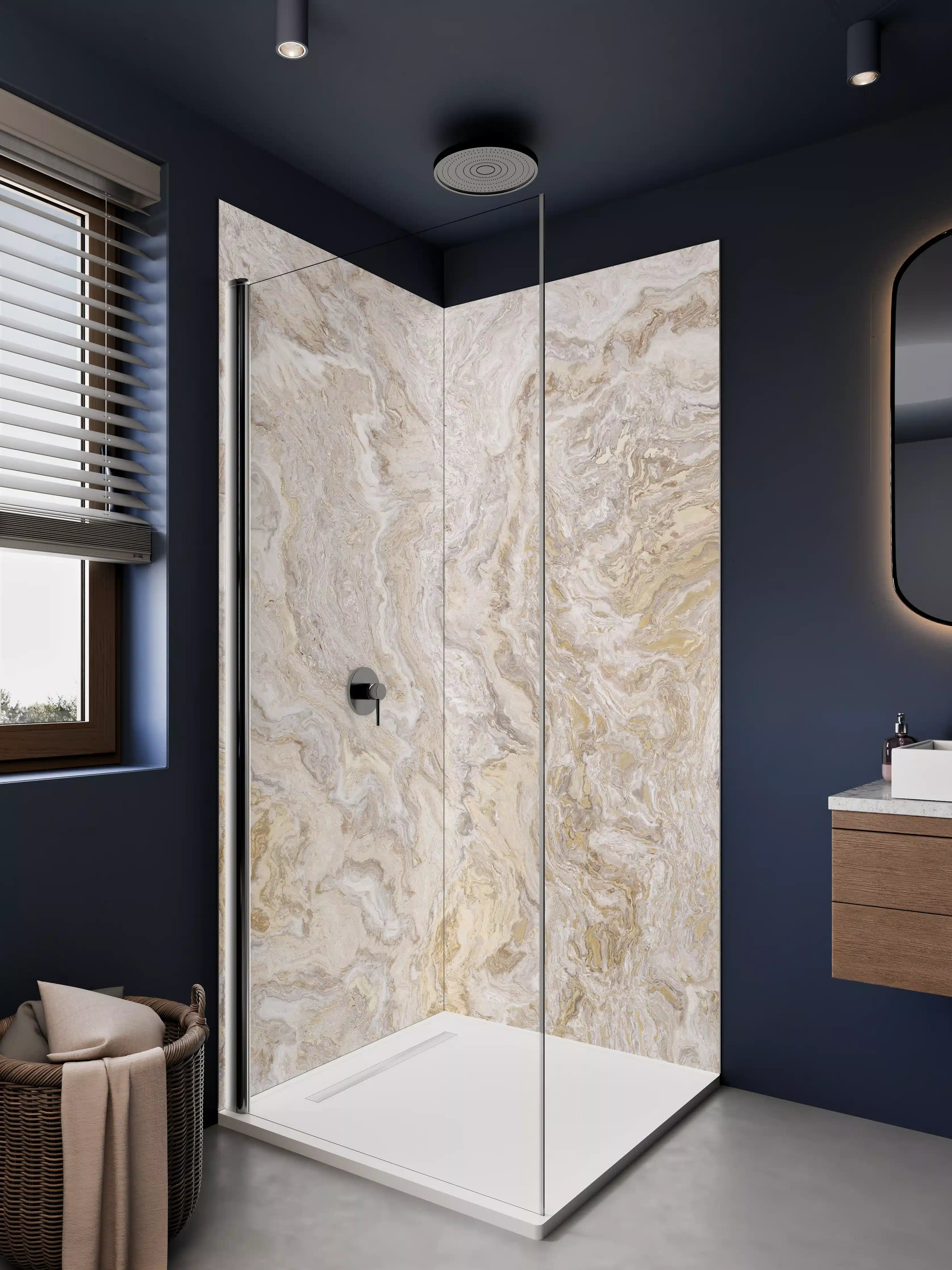 Duschrückwand - Beige Marmorstruktur mit goldenen Akzenten