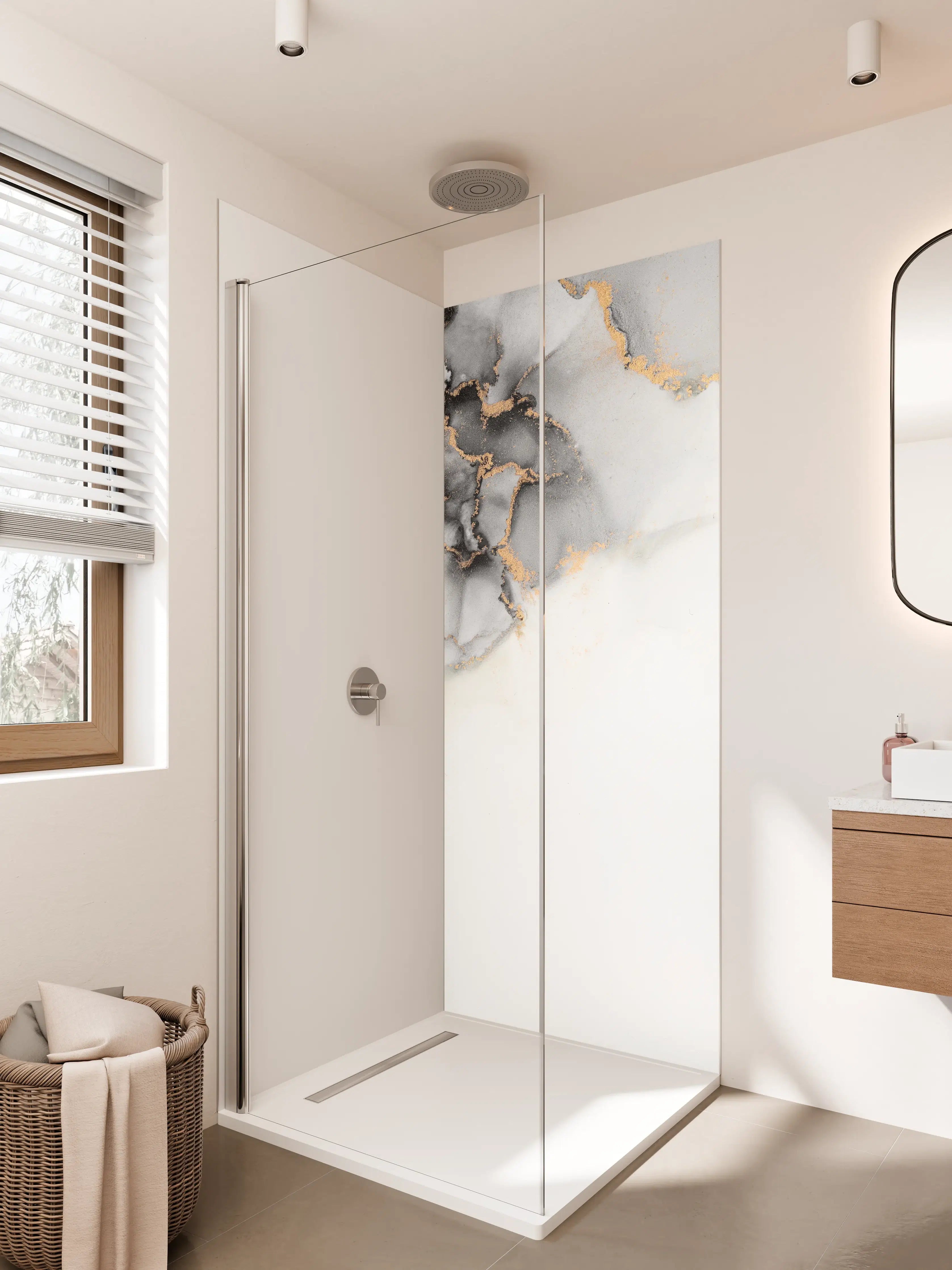 Duschrückwand - Grau-weißer Marmor mit goldenen Highlights