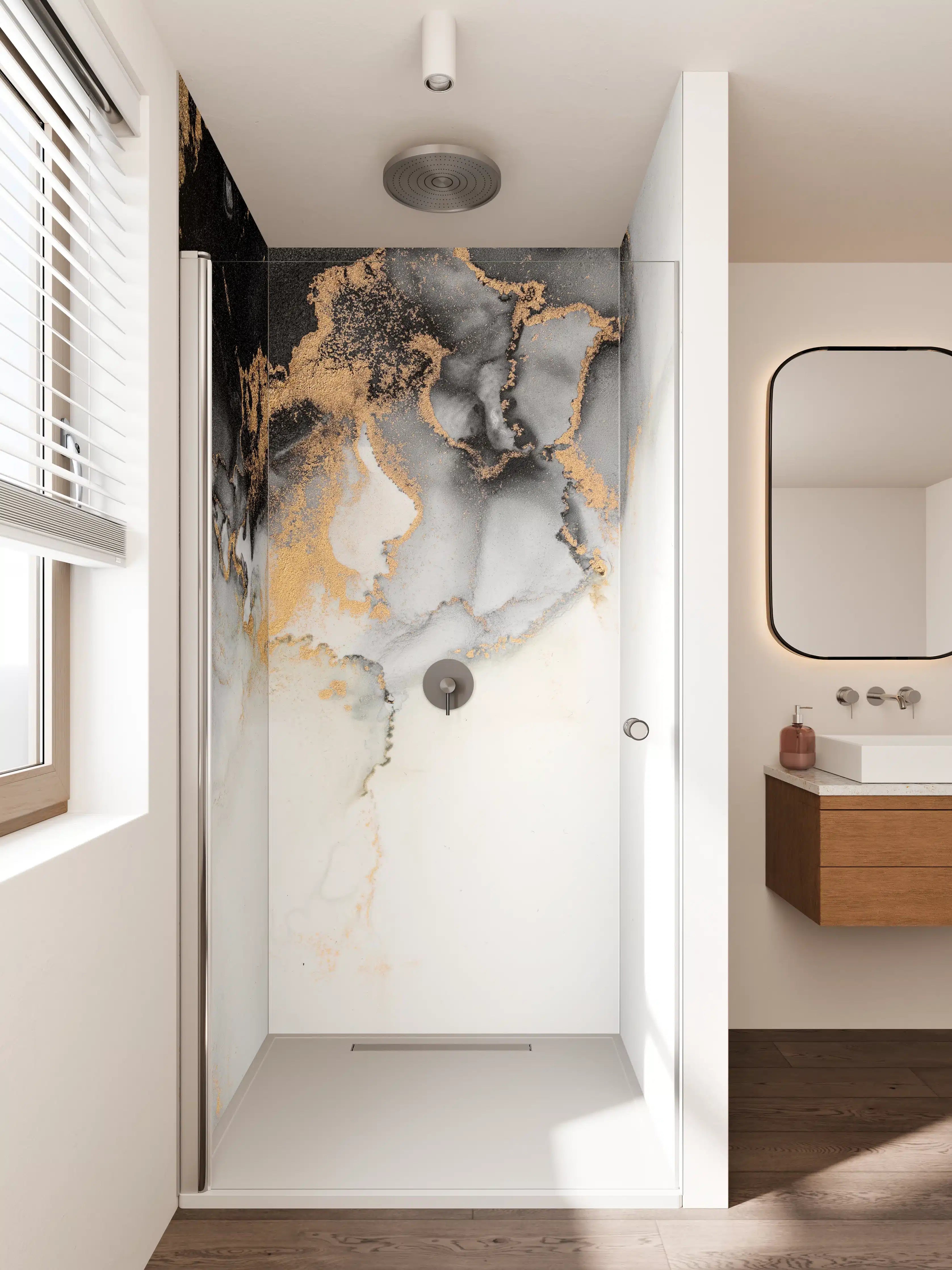 Duschrückwand - Grau-weißer Marmor mit goldenen Highlights