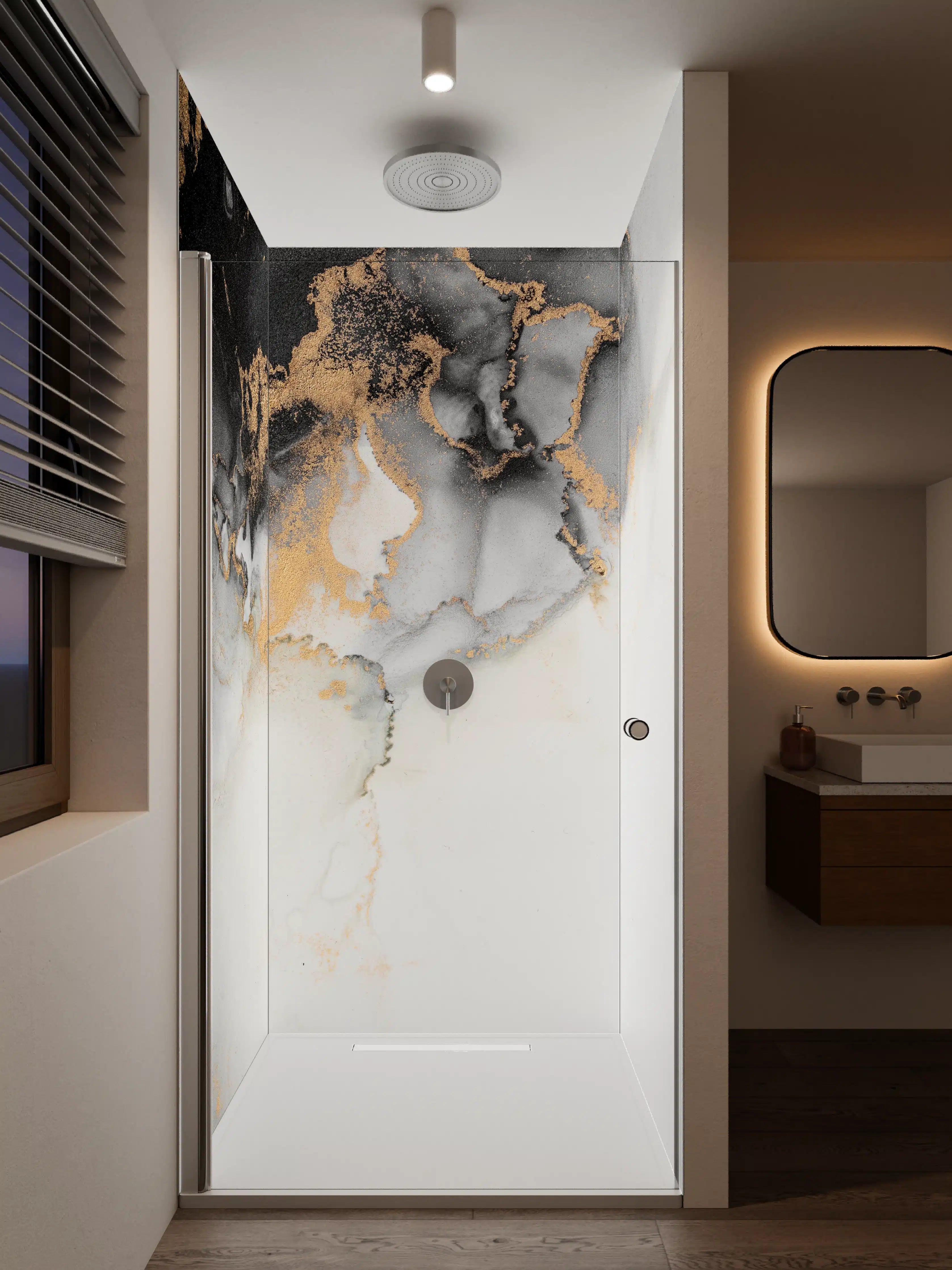 Duschrückwand - Grau-weißer Marmor mit goldenen Highlights