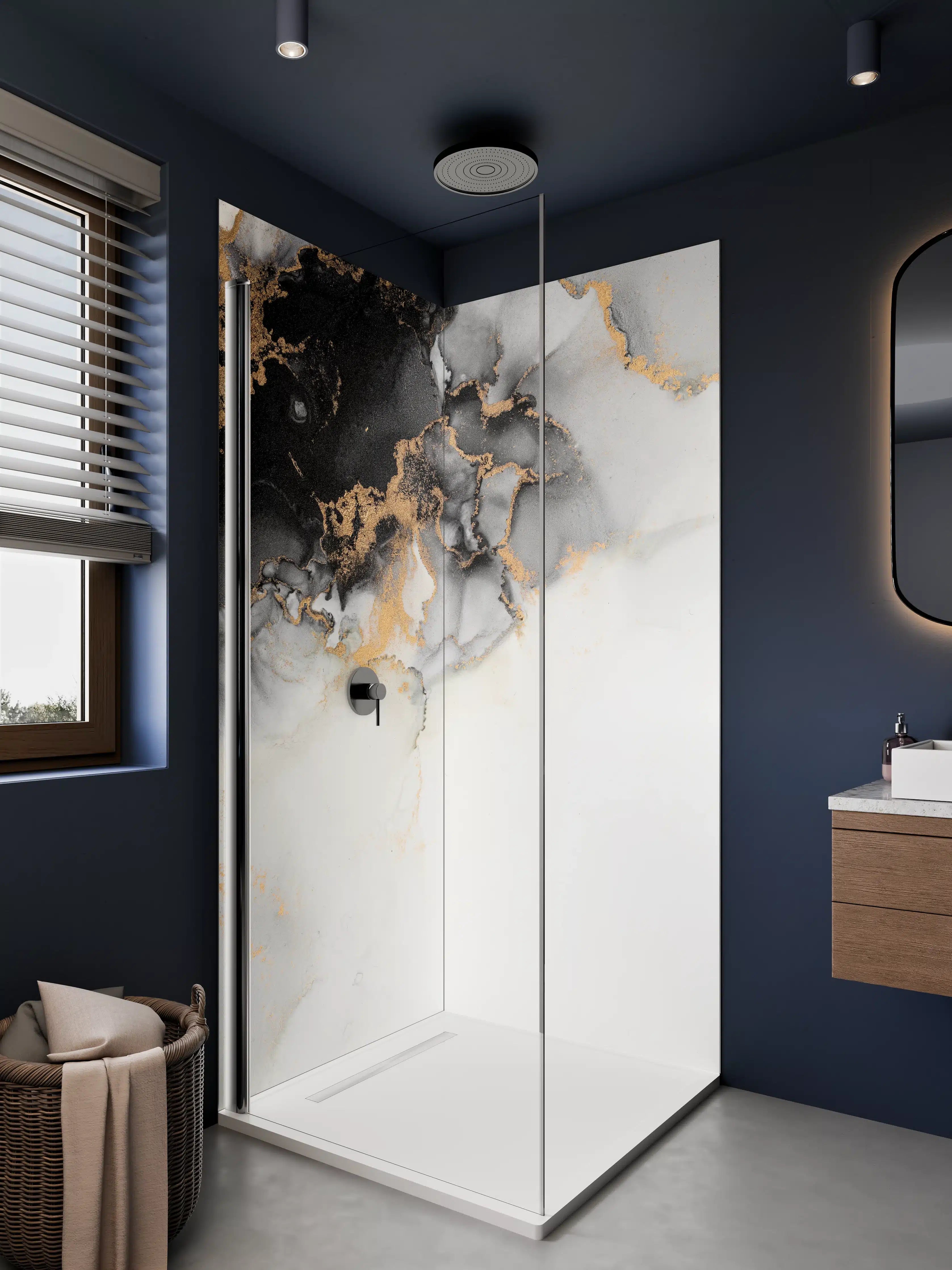 Duschrückwand - Grau-weißer Marmor mit goldenen Highlights