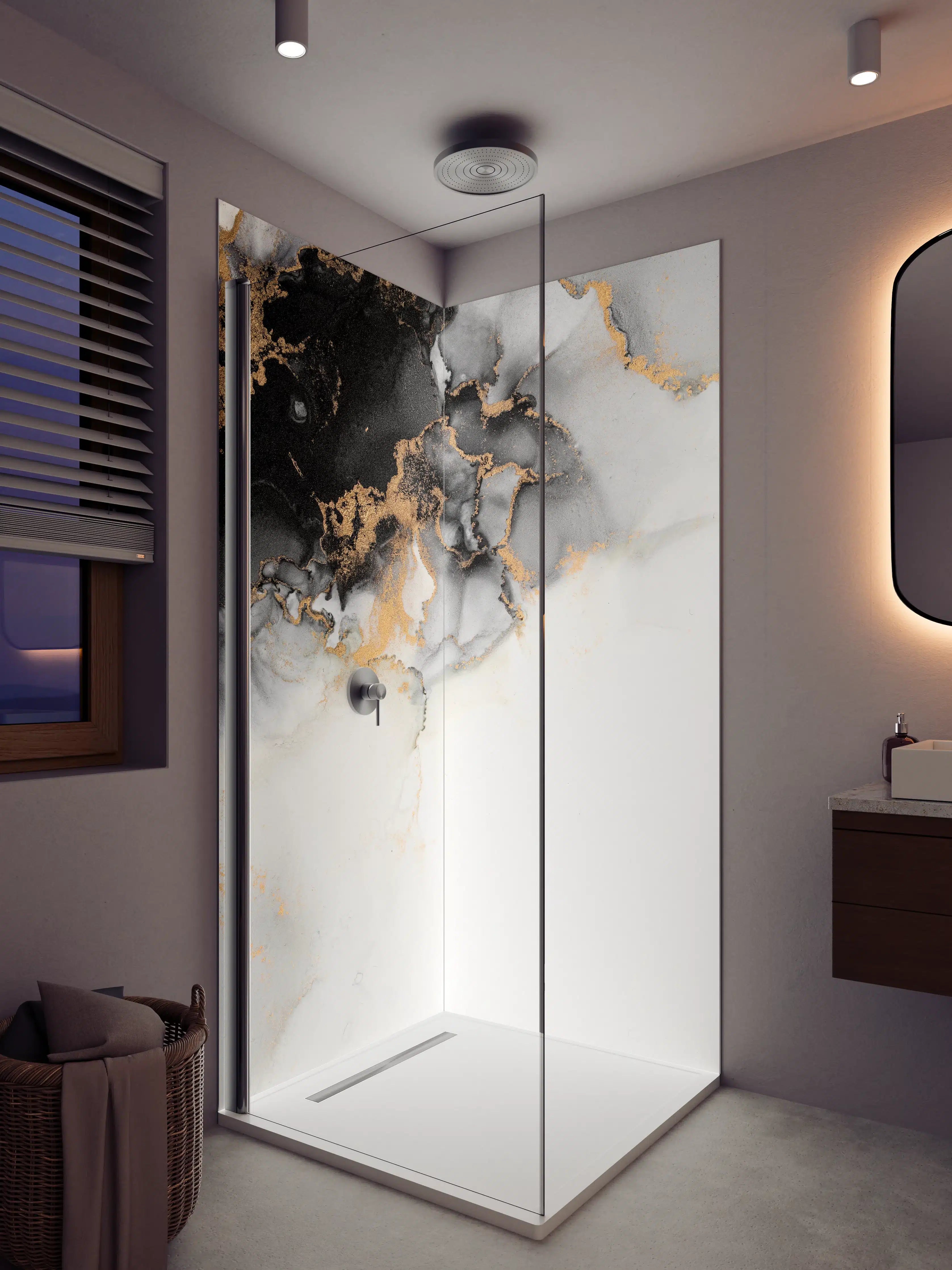 Duschrückwand - Grau-weißer Marmor mit goldenen Highlights