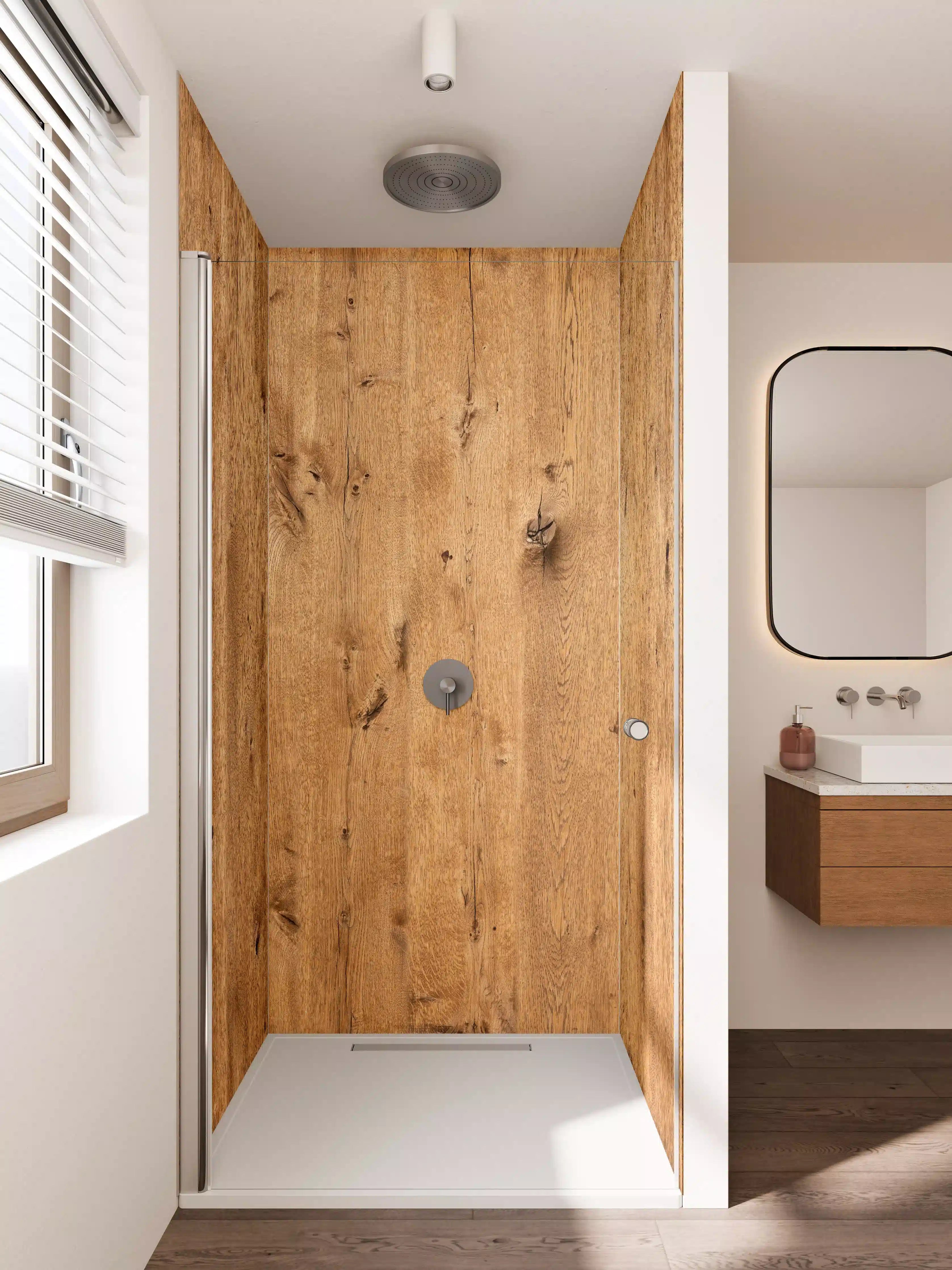 Duschrückwand - Graue Maserung im Holzdesign