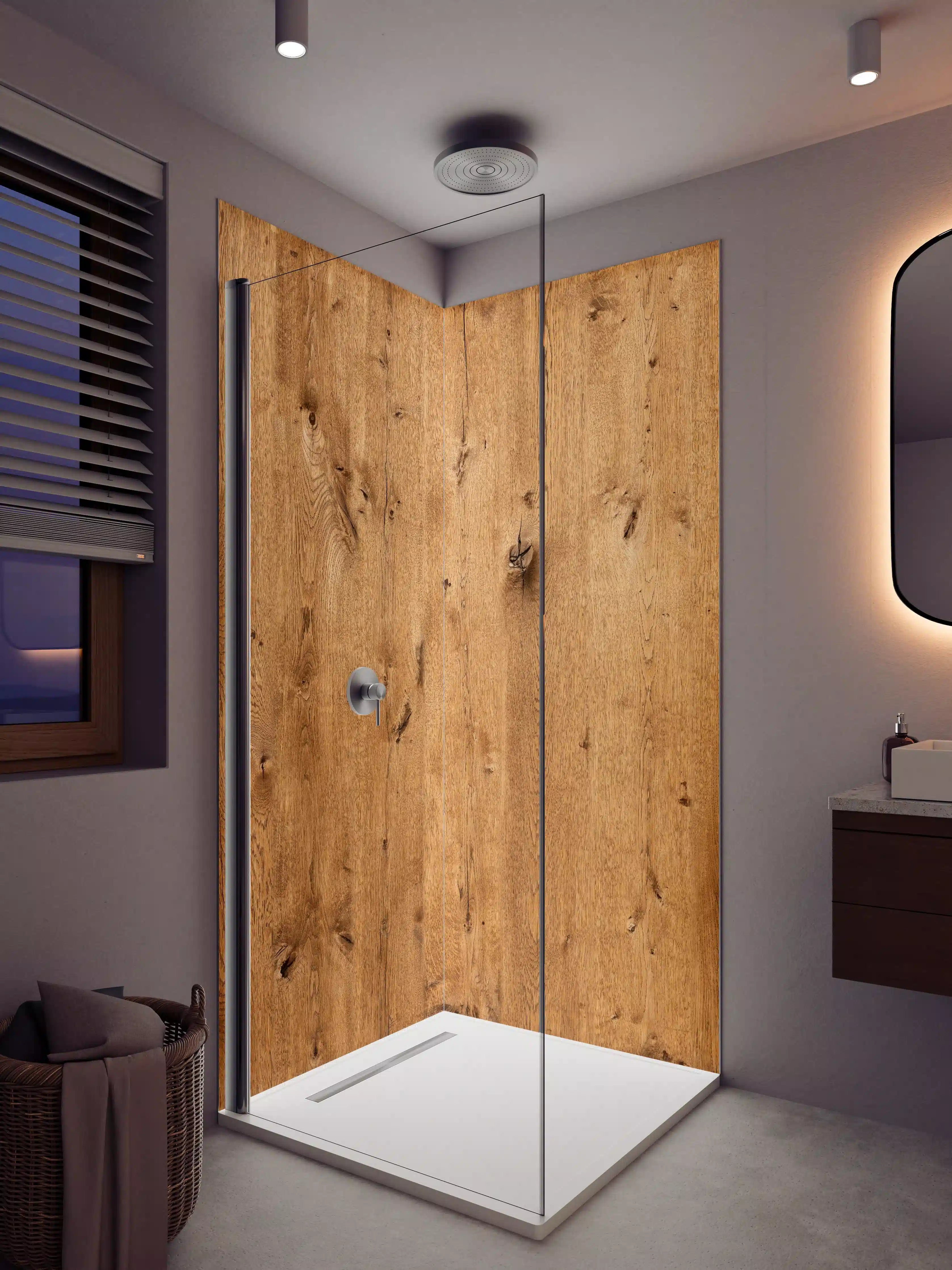 Duschrückwand - Graue Maserung im Holzdesign
